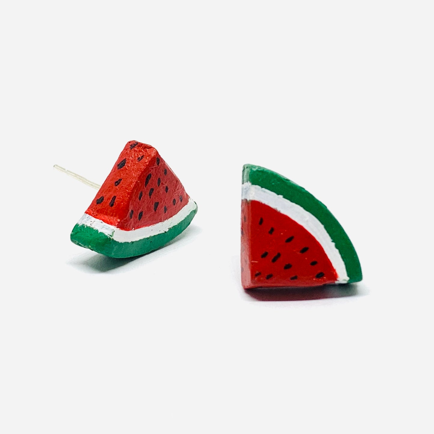 Watermelon Clay Earrings. Hand painted watermelon triangle stud earrings for girls and women. Made of natural clay. Mexican Jewelry inspired by Frida Kahlo by Fridamaniacs