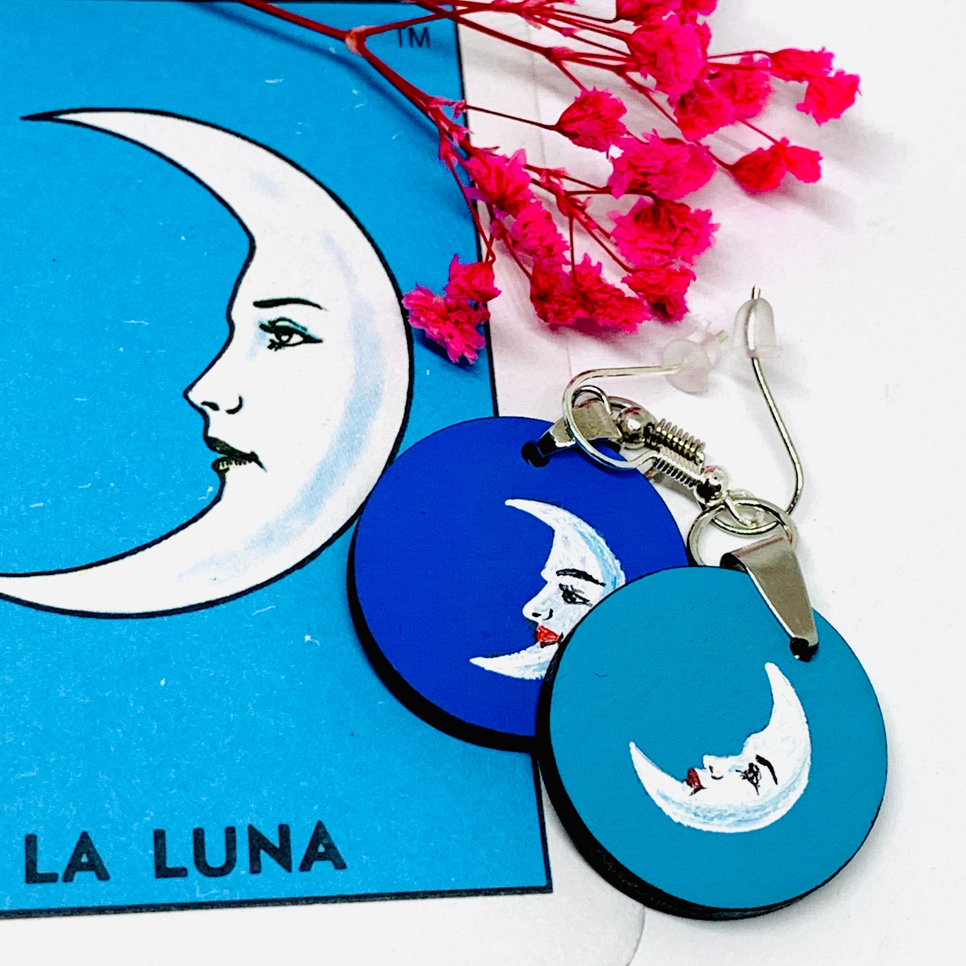 Moon Earrings: La Luna Aretes. La Loteria Mexican Jewelry. Indigo and baby Blue celestial accessories. Loteriart. Circle round dangle drop earrings for girls.