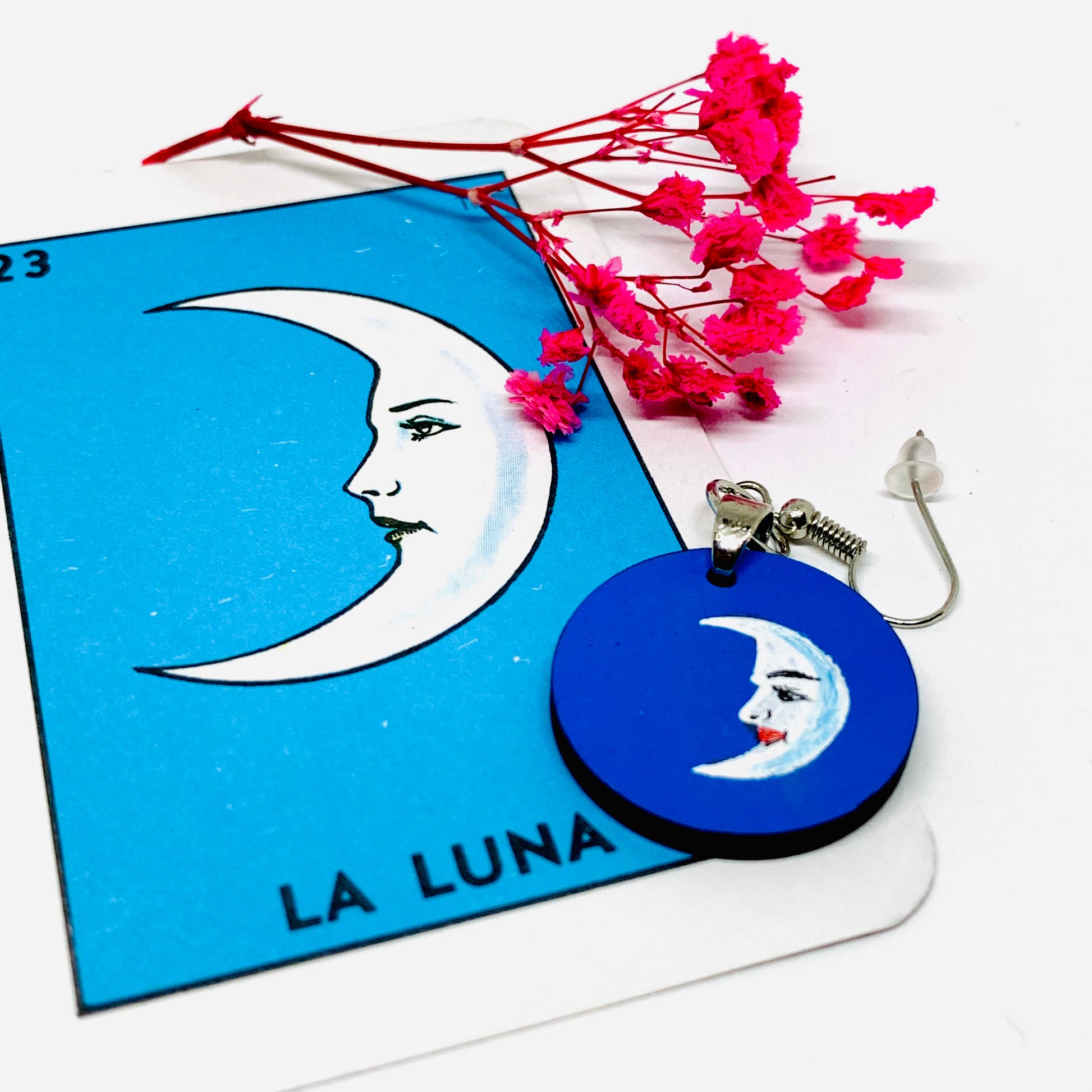Moon Earrings: La Luna Aretes. La Loteria Mexican Jewelry. Indigo and baby Blue celestial accessories. Loteriart. Circle round dangle drop earrings for girls.