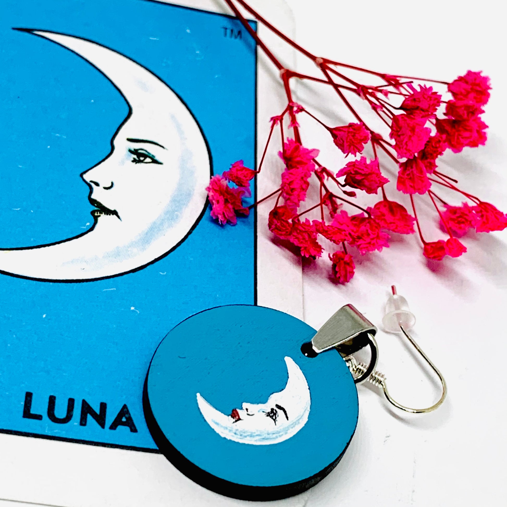 Moon Earrings: La Luna Aretes. La Loteria Mexican Jewelry. Indigo and baby Blue celestial accessories. Loteriart. Circle round dangle drop earrings for girls.