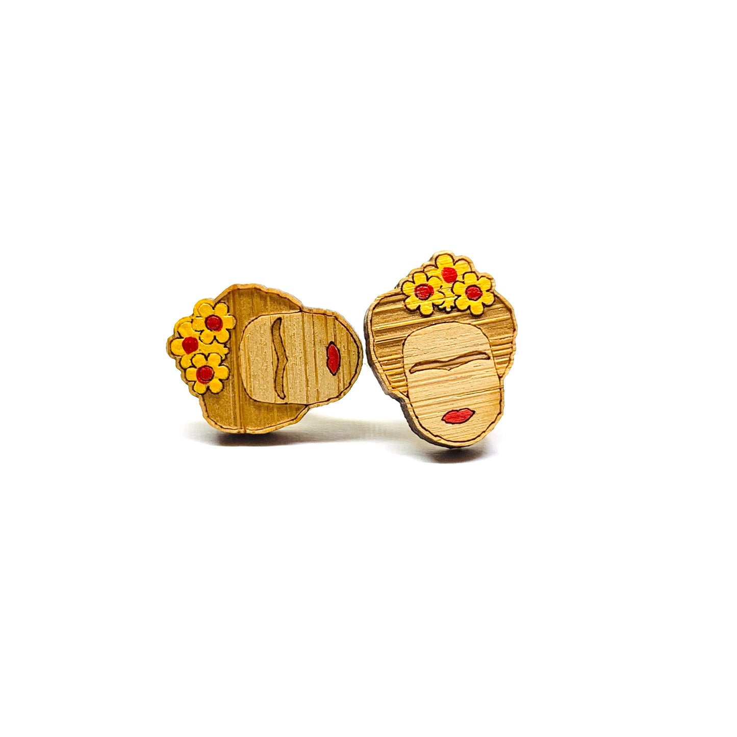 Frida Earrings: Hand painted bamboo wooden Frida Kahlo inspired stud earrings by Fridamaniacs for Fridalovers. Mexican jewelry. Girls Gift idea. Floral mini studs.