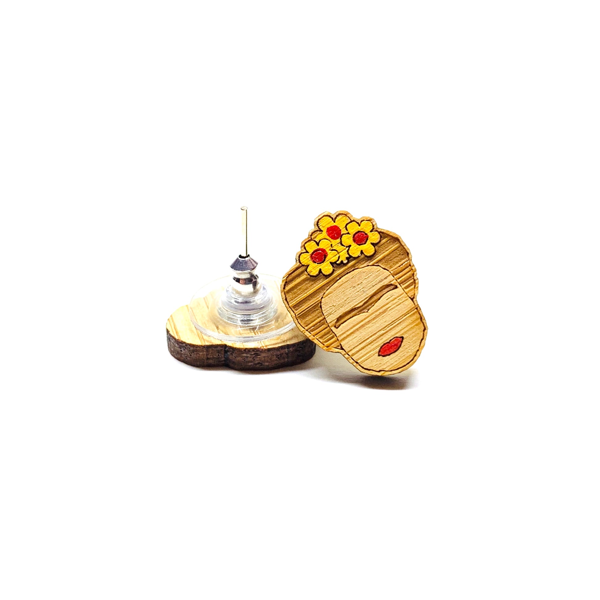 Frida Earrings: Hand painted bamboo wooden Frida Kahlo inspired stud earrings by Fridamaniacs for Fridalovers. Mexican jewelry. Girls Gift idea. Floral mini studs.