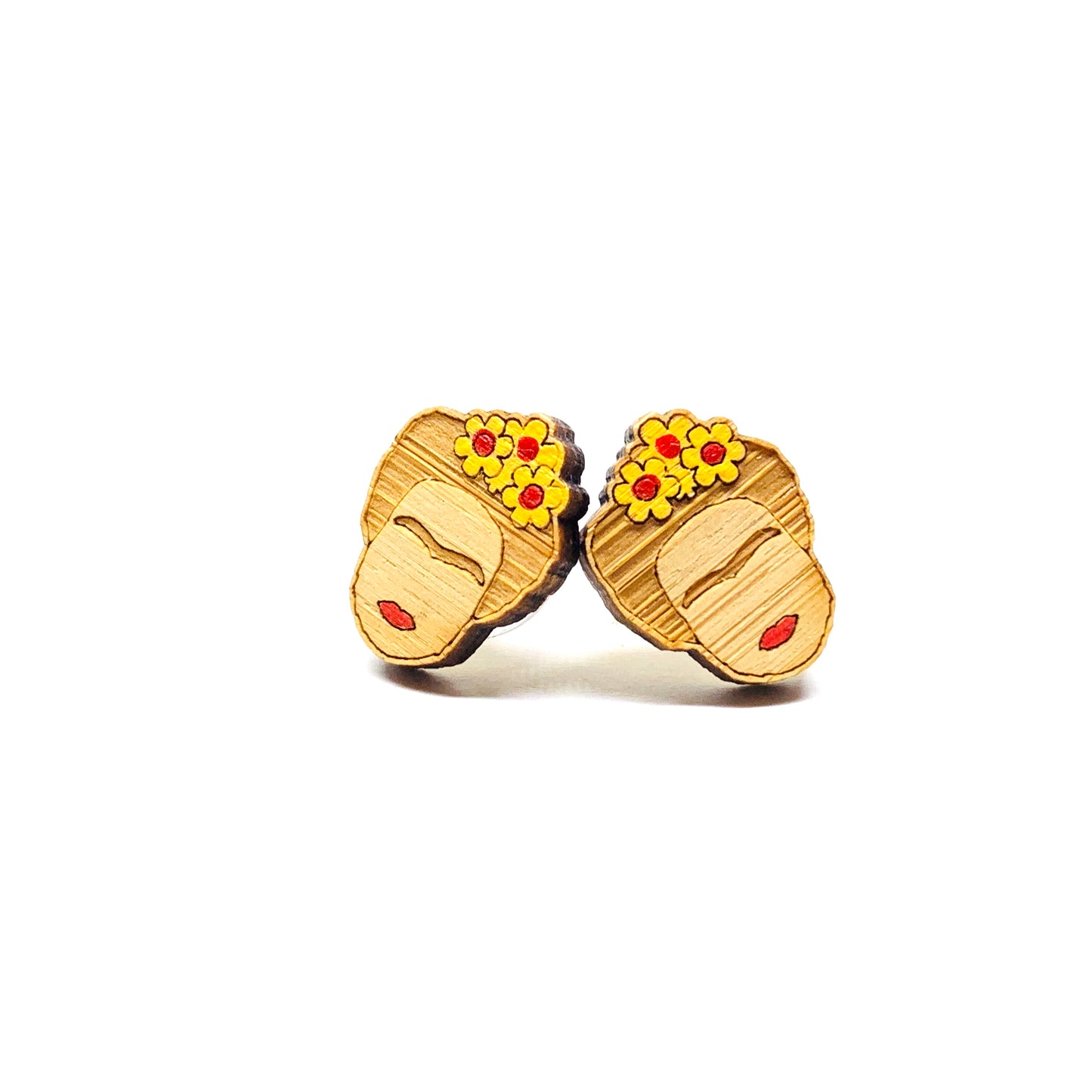 Frida Earrings: Hand painted bamboo wooden Frida Kahlo inspired stud earrings by Fridamaniacs for Fridalovers. Mexican jewelry. Girls Gift idea. Floral mini studs.