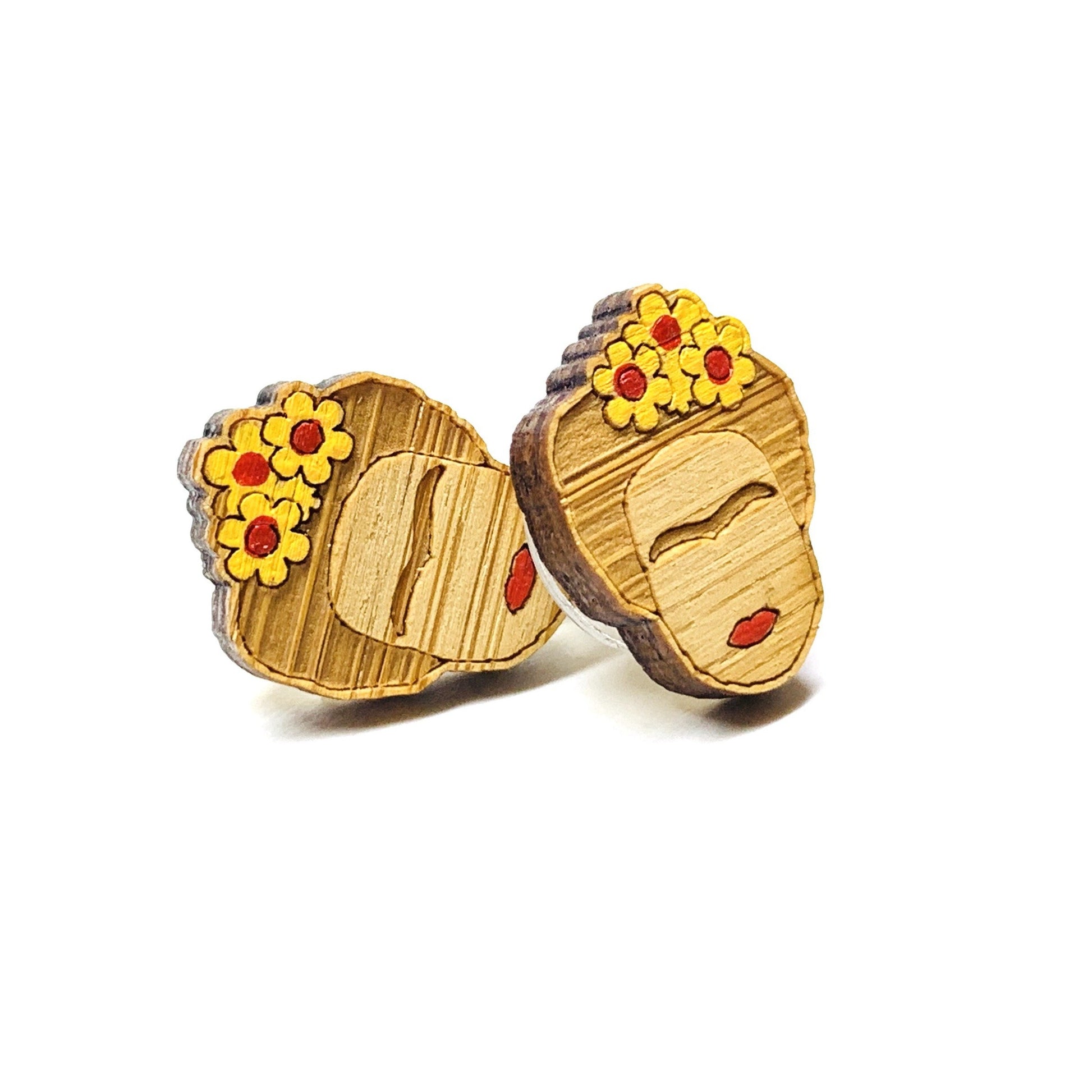Frida Earrings: Hand painted bamboo wooden Frida Kahlo inspired stud earrings by Fridamaniacs for Fridalovers. Mexican jewelry. Girls Gift idea. Floral mini studs.
