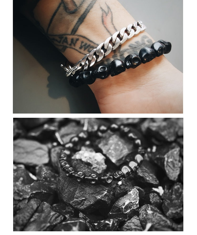 Black skull bracelet made of natural stone beads. Unisex wristband Day of the dead or Dia de Muertos Mexican Jewelry. Boys gift idea. Trendy Halloween accessories by Fridamaniacs Frida Inspired boutique