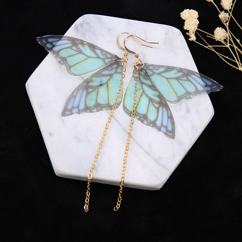 Butterfly Earrings: Turquoise translucent fabric butterfly wings drop and dangle earrings inspired by Frida Kahlo. Mexican jewelry by Fridamaniacs for Fridalovers. Women and Girls trendy fashion spring and summer gift idea. Birthday or anniversary