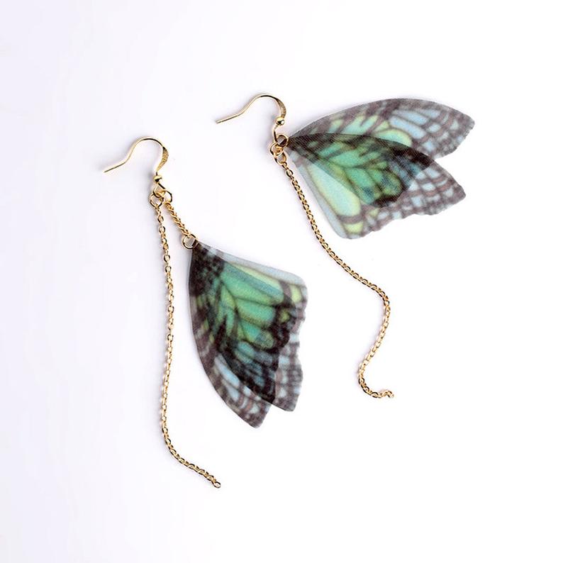 Butterfly Earrings: Turquoise translucent fabric butterfly wings drop and dangle earrings inspired by Frida Kahlo. Mexican jewelry by Fridamaniacs for Fridalovers. Women and Girls trendy fashion spring and summer gift idea. Birthday or anniversary