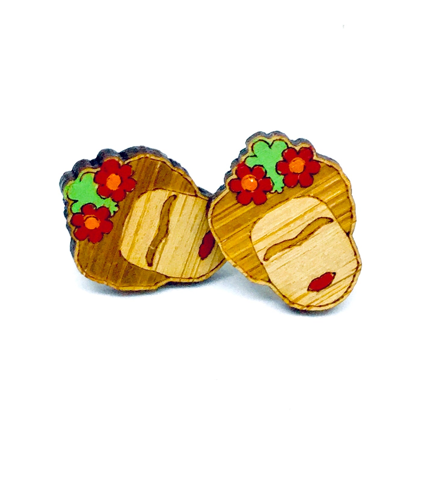 Frida Earrings: Bamboo Frida Kahlo Stud Wooden Earrings by Fridamaniacs. Hand painted and Handmade Mexican Jewelry for Girls. Cute and original birthday gift idea.