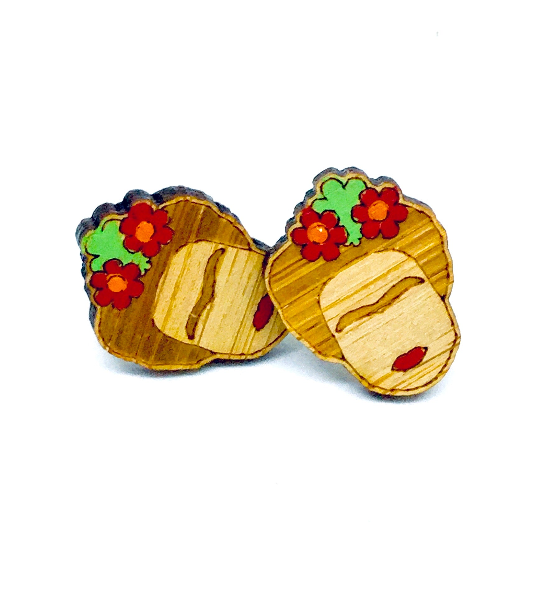 Frida Earrings: Bamboo Frida Kahlo Stud Wooden Earrings by Fridamaniacs. Hand painted and Handmade Mexican Jewelry for Girls. Cute and original birthday gift idea.