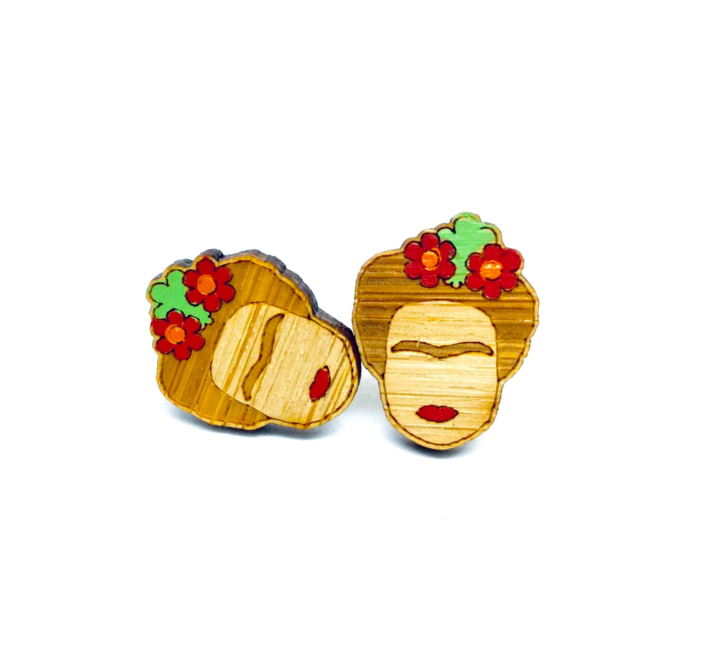 Frida Earrings: Bamboo Frida Kahlo Stud Wooden Earrings by Fridamaniacs. Hand painted and Handmade Mexican Jewelry for Girls. Cute and original birthday gift idea.
