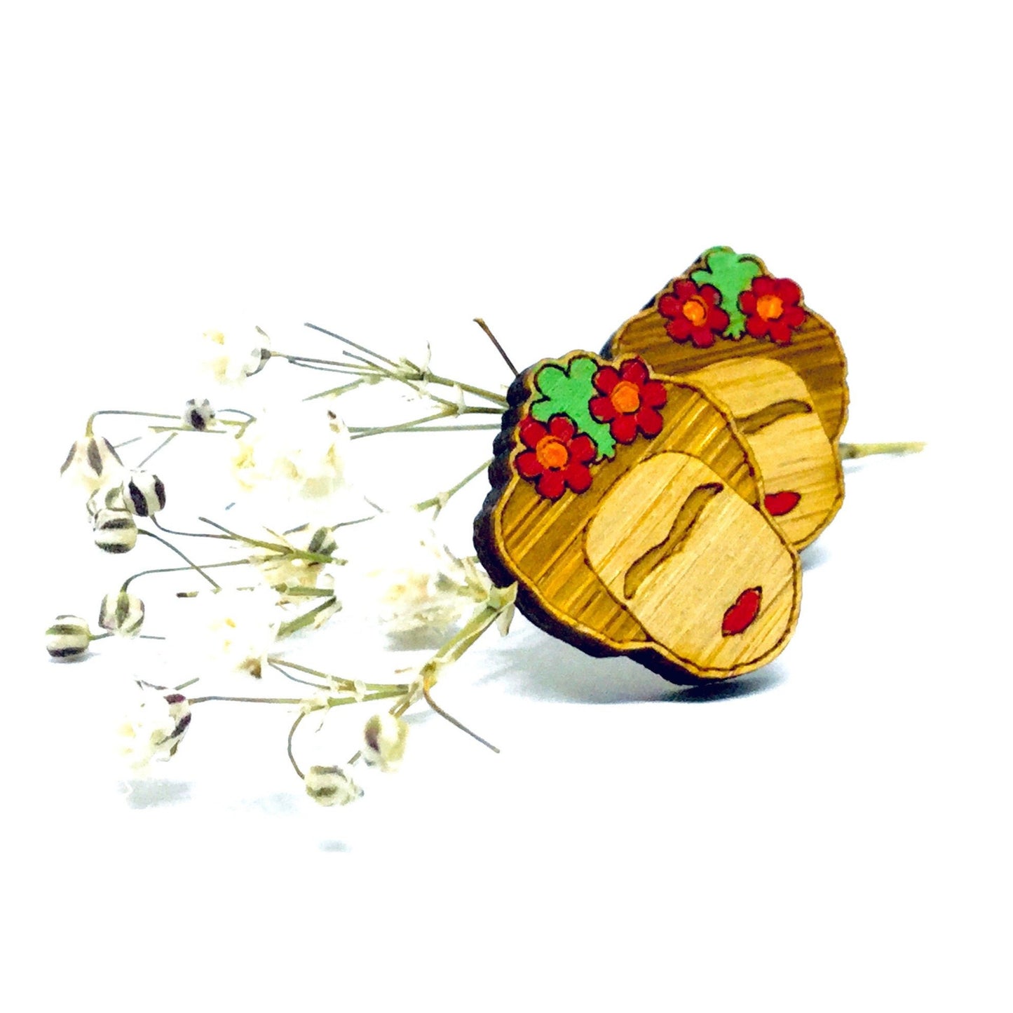 Frida Earrings: Bamboo Frida Kahlo Stud Wooden Earrings by Fridamaniacs. Hand painted and Handmade Mexican Jewelry for Girls. Cute and original birthday gift idea.
