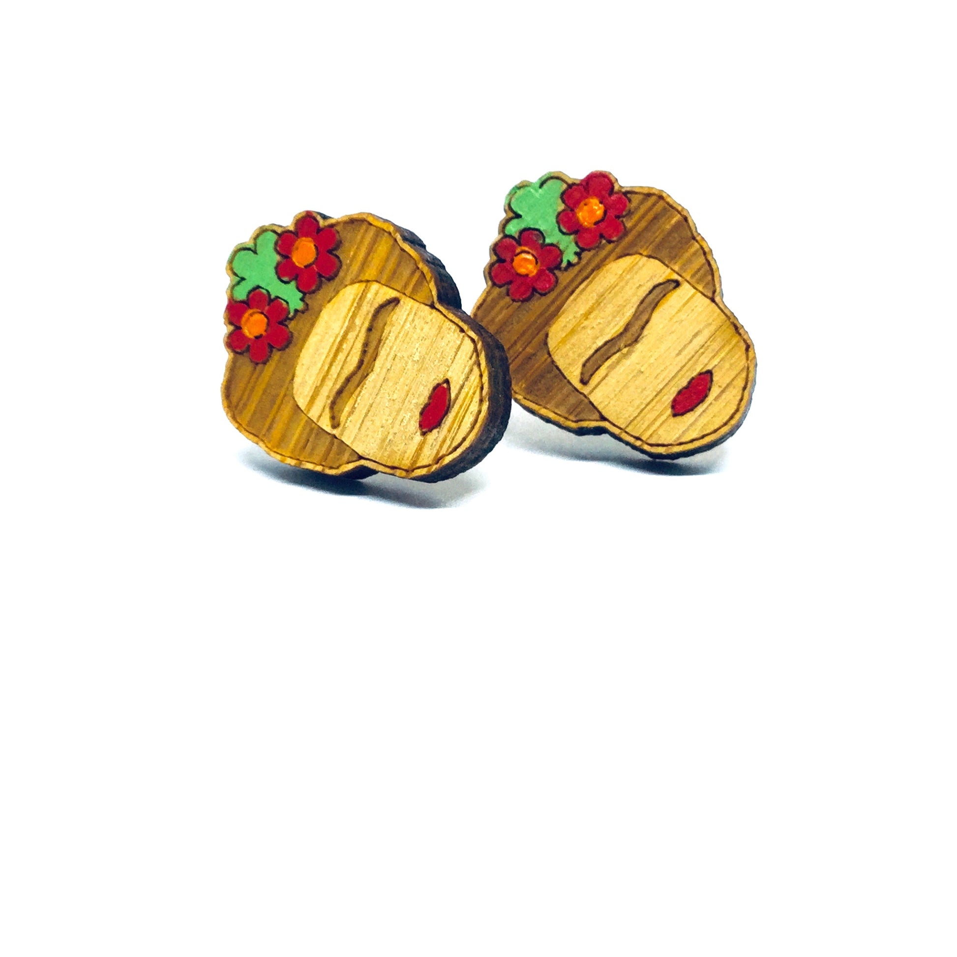 Frida Earrings: Bamboo Frida Kahlo Stud Wooden Earrings by Fridamaniacs. Hand painted and Handmade Mexican Jewelry for Girls. Cute and original birthday gift idea.