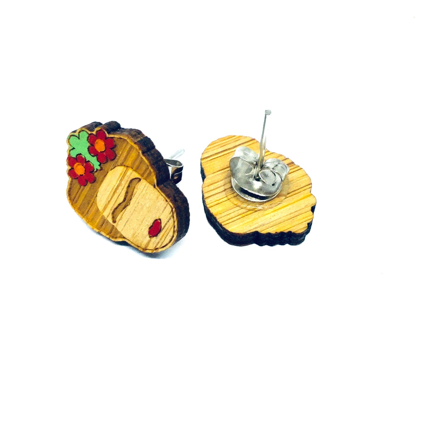 Frida Earrings: Bamboo Frida Kahlo Stud Wooden Earrings by Fridamaniacs. Hand painted and Handmade Mexican Jewelry for Girls. Cute and original birthday gift idea.