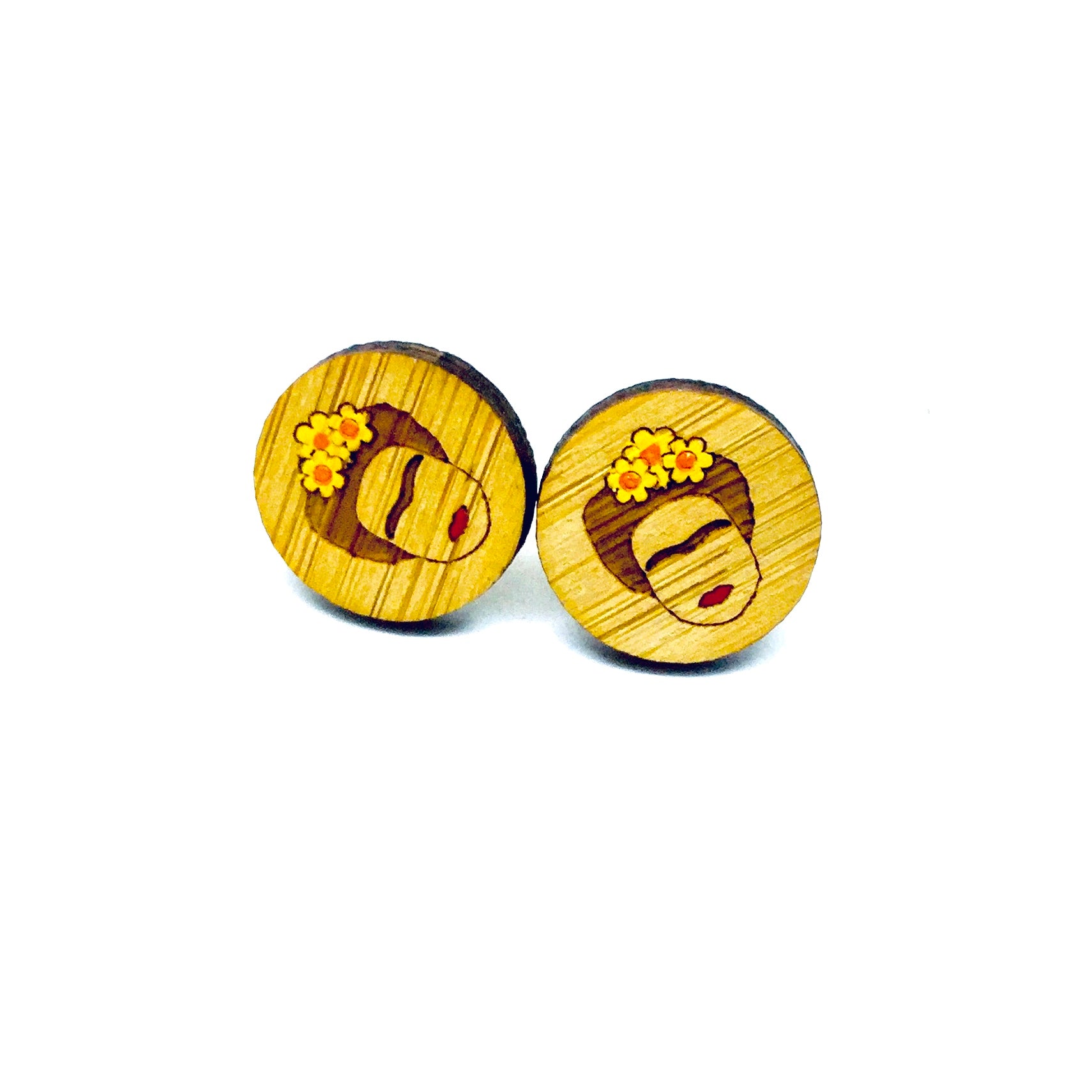 Frida earrings: Hand painted Bamboo stud Frida Kahlo earrings. Yellow florwers. Mexican jewelry inspired by Fridamaniacs for fridalovers. Girls gift idea for Birthday