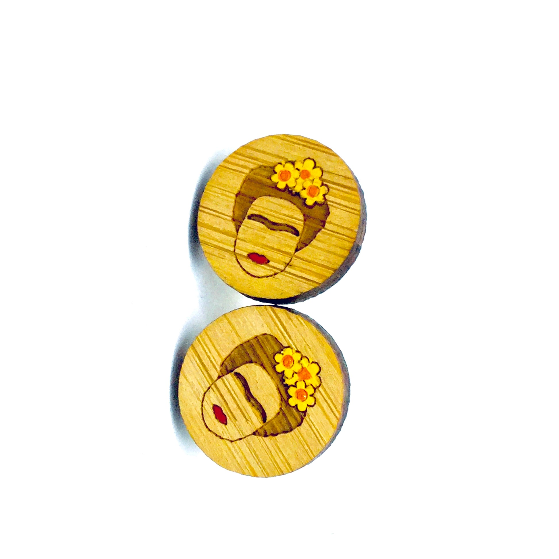 Frida earrings: Hand painted Bamboo stud Frida Kahlo earrings. Yellow florwers. Mexican jewelry inspired by Fridamaniacs for fridalovers. Girls gift idea for Birthday