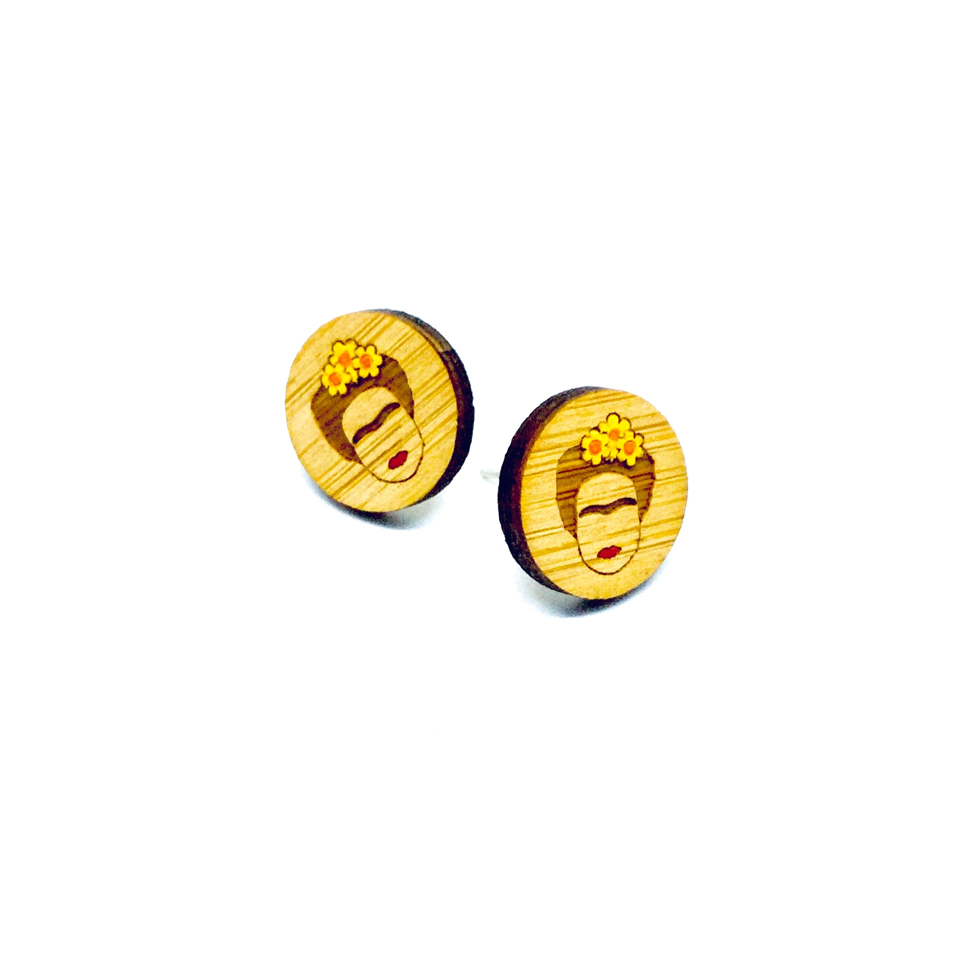 Frida earrings: Hand painted Bamboo stud Frida Kahlo earrings. Yellow florwers. Mexican jewelry inspired by Fridamaniacs for fridalovers. Girls gift idea for Birthday
