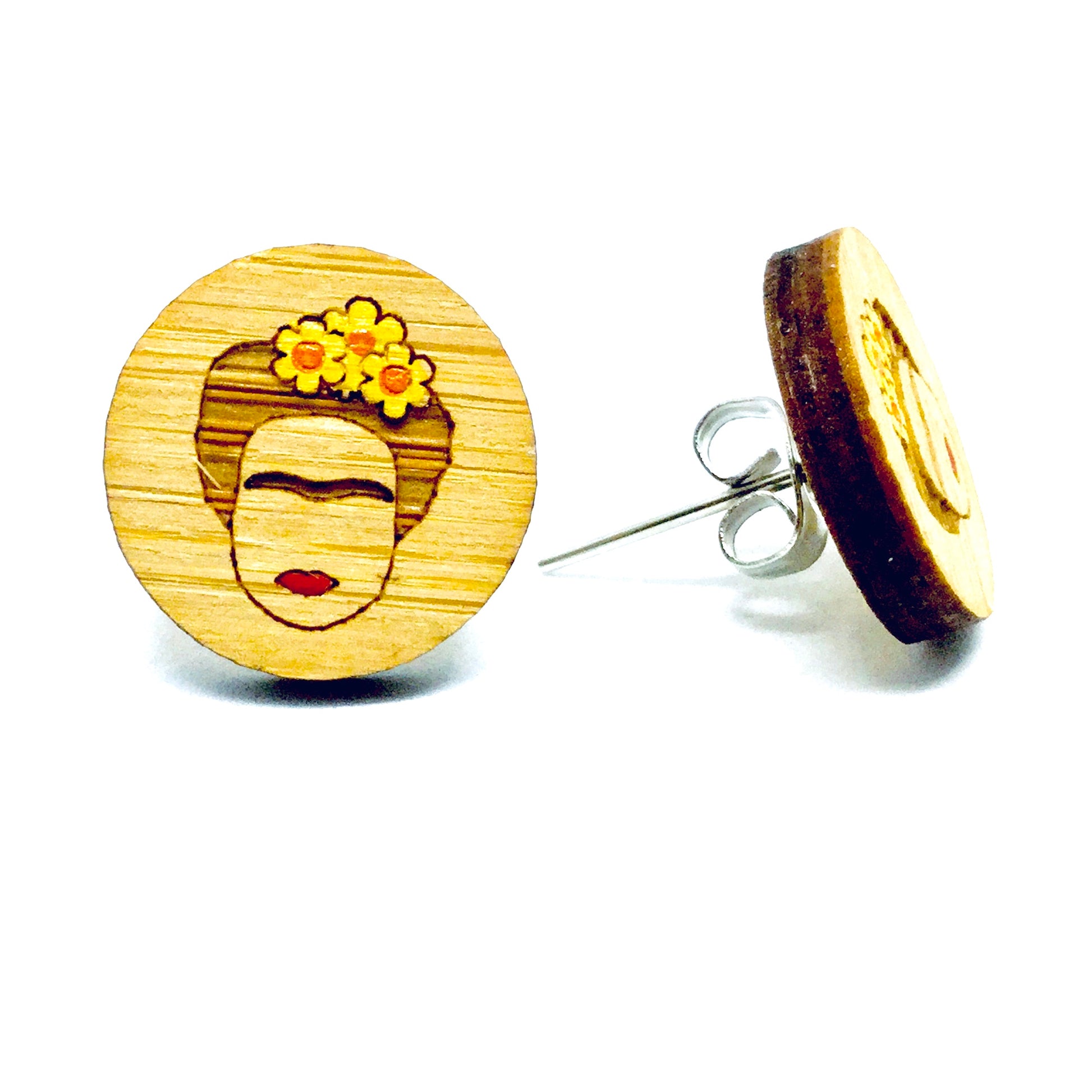 Frida earrings: Hand painted Bamboo stud Frida Kahlo earrings. Yellow florwers. Mexican jewelry inspired by Fridamaniacs for fridalovers. Girls gift idea for Birthday