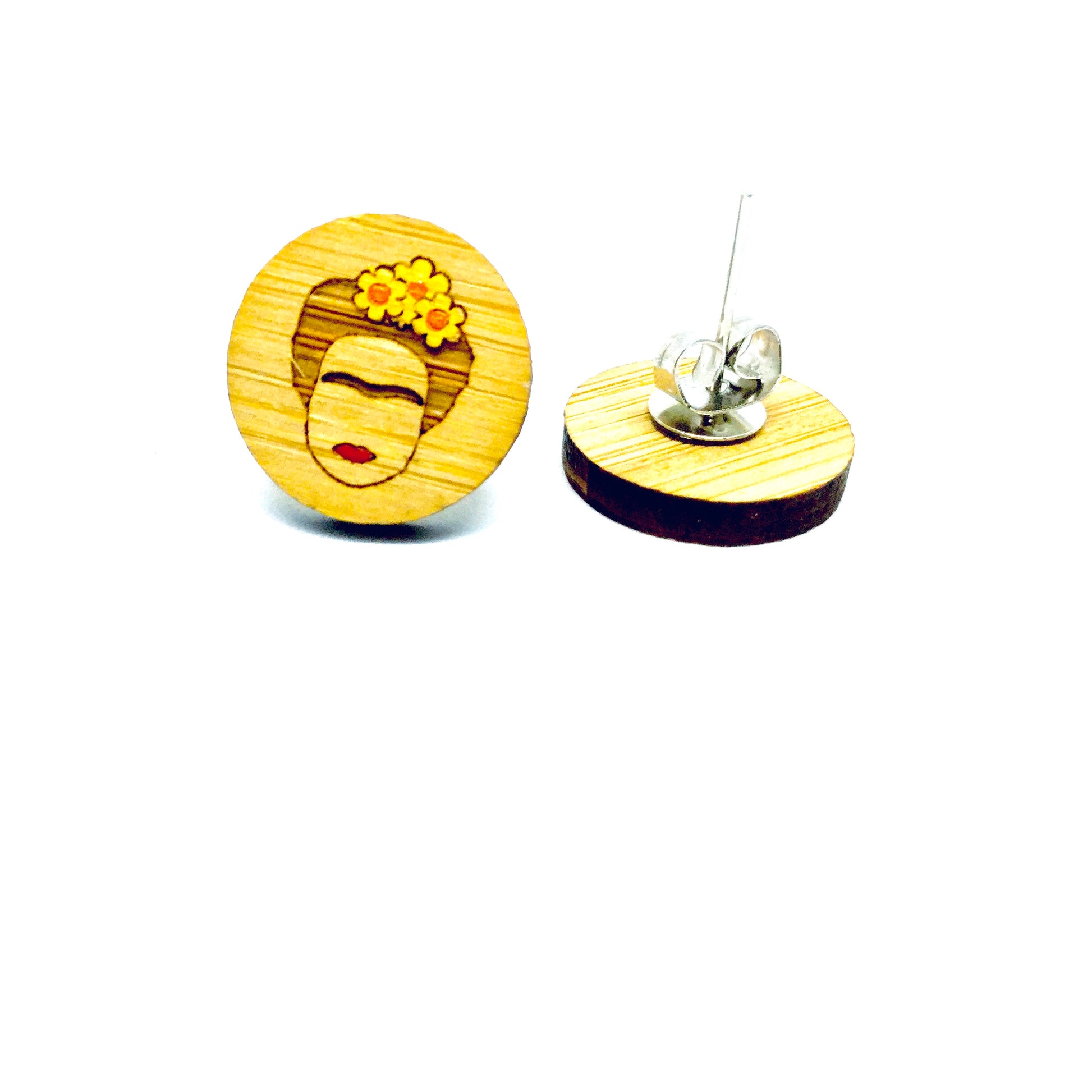 Frida earrings: Hand painted Bamboo stud Frida Kahlo earrings. Yellow florwers. Mexican jewelry inspired by Fridamaniacs for fridalovers. Girls gift idea for Birthday