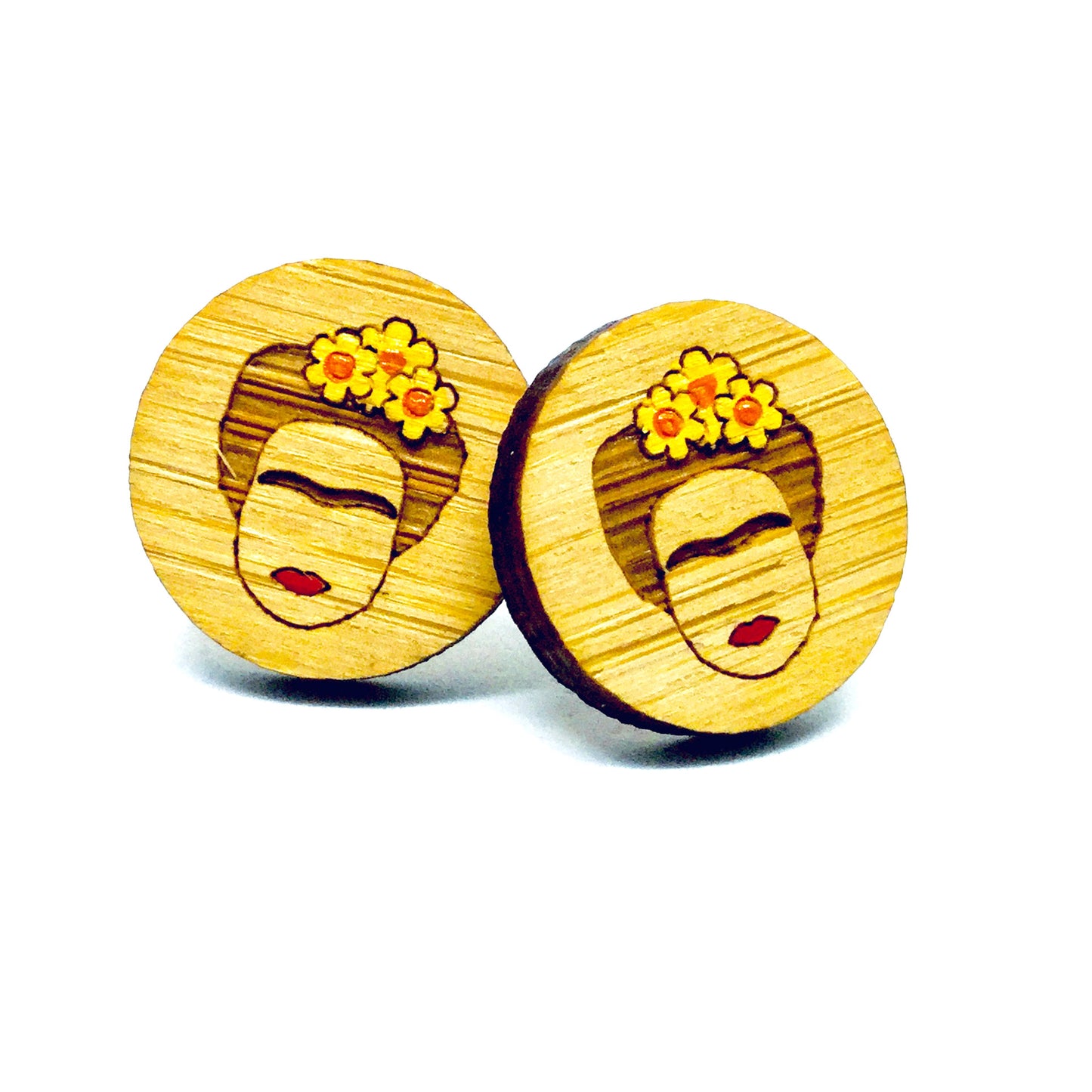 Frida earrings: Hand painted Bamboo stud Frida Kahlo earrings. Yellow florwers. Mexican jewelry inspired by Fridamaniacs for fridalovers. Girls gift idea for Birthday