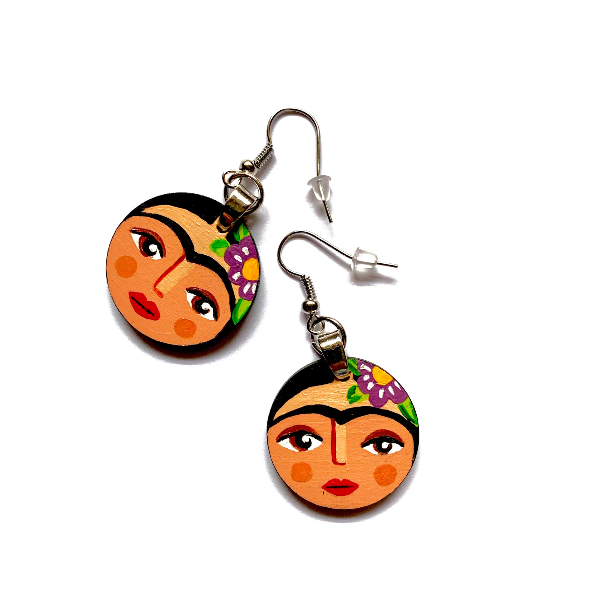 Frida Earrings. Frida Kahlo handmade and hand painted drop and dangle earrings. Round-Circle wood earrings. Mexican jewelry by Fridamaniacs. Mexico folk art