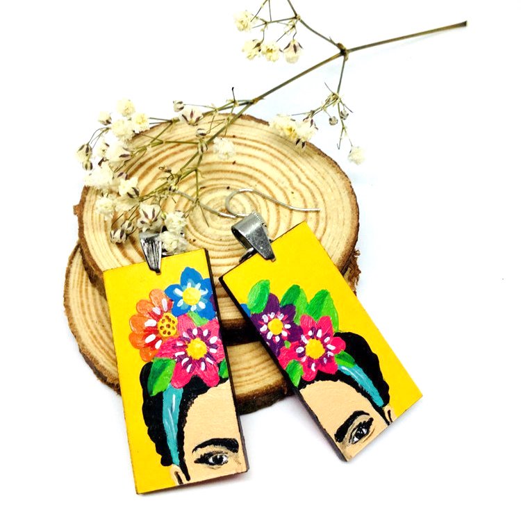 Frida Earrings: Hand Painted Frida Kahlo inspired wooden droop and dangle earrings. Floral Mexican earrings. Art to Wear Mexico folk art. Women and girls birthday gift idea. Summer and spring fashion for fridalovers by fridamaniacs