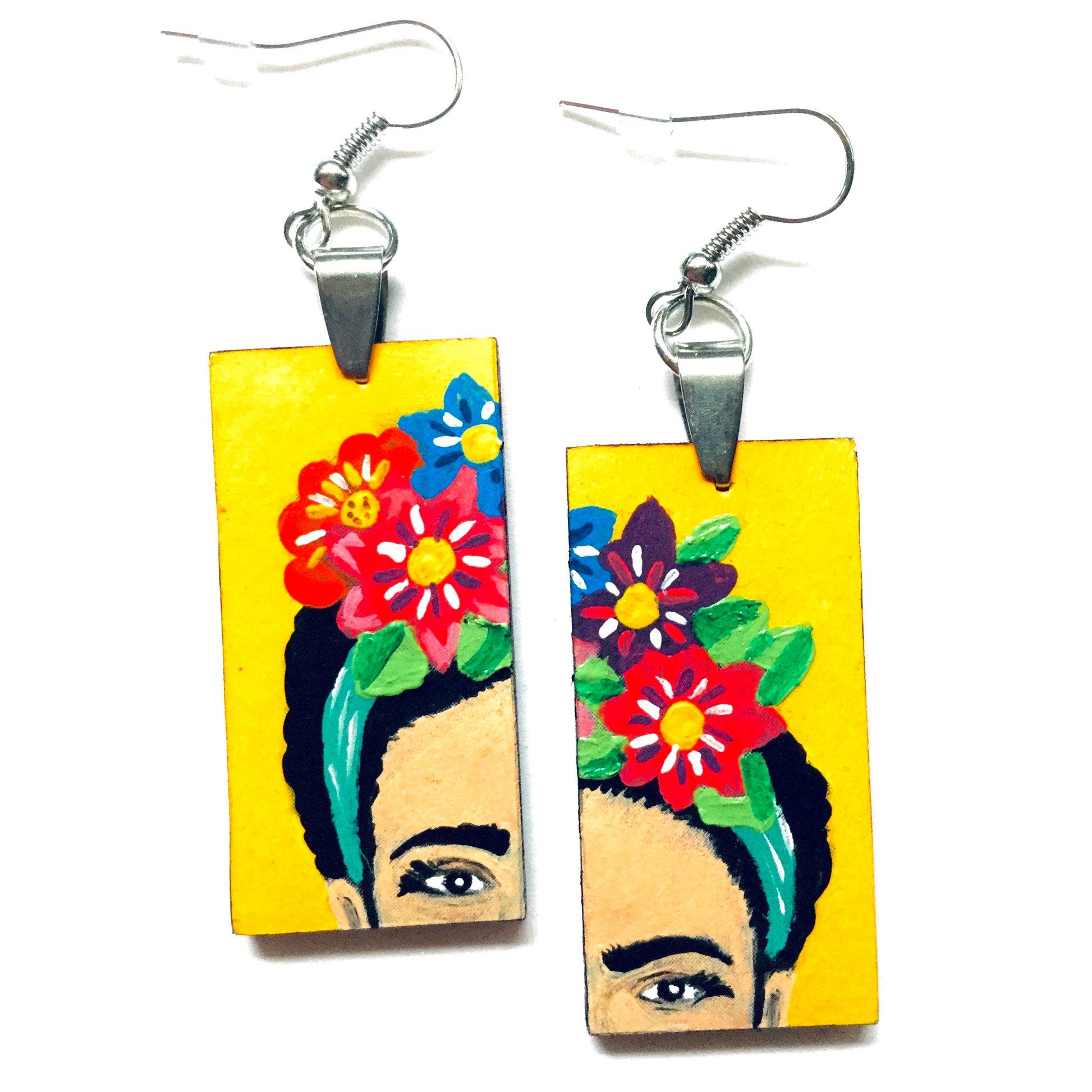 Frida Earrings: Hand Painted Frida Kahlo inspired wooden droop and dangle earrings. Floral Mexican earrings. Art to Wear Mexico folk art. Women and girls birthday gift idea. Summer and spring fashion for fridalovers by fridamaniacs