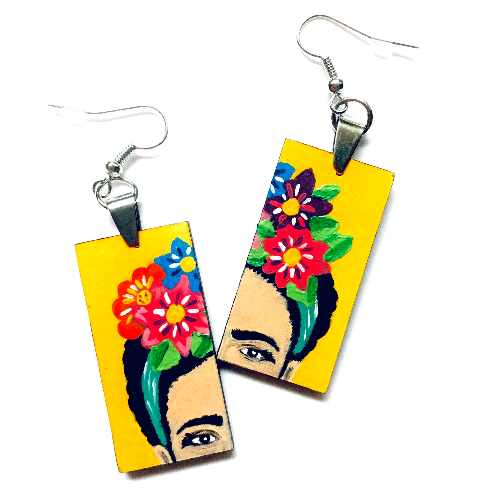 Frida Earrings: Hand Painted Frida Kahlo inspired wooden droop and dangle earrings. Floral Mexican earrings. Art to Wear Mexico folk art. Women and girls birthday gift idea. Summer and spring fashion for fridalovers by fridamaniacs