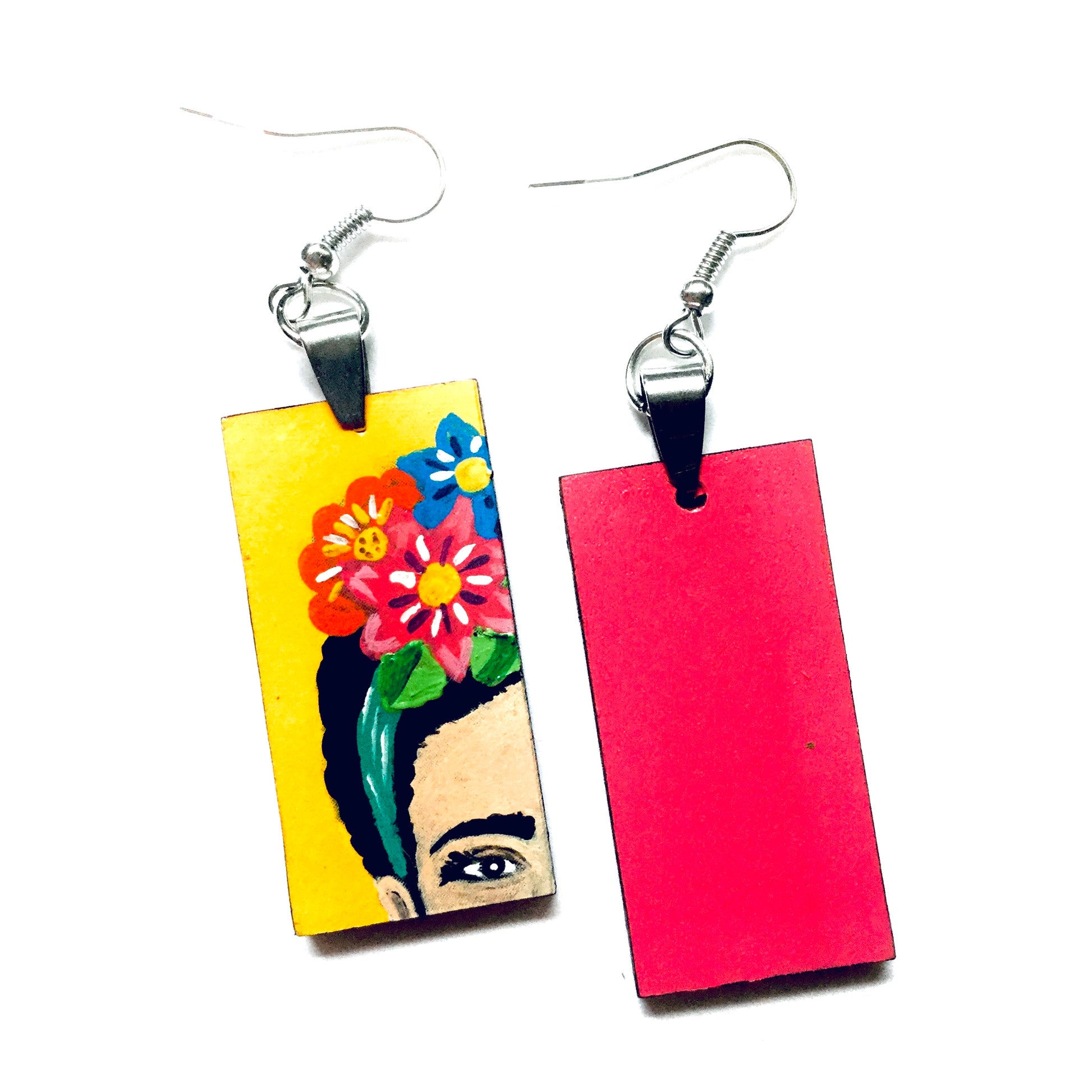 Frida Earrings: Hand Painted Frida Kahlo inspired wooden droop and dangle earrings. Floral Mexican earrings. Art to Wear Mexico folk art. Women and girls birthday gift idea. Summer and spring fashion for fridalovers by fridamaniacs