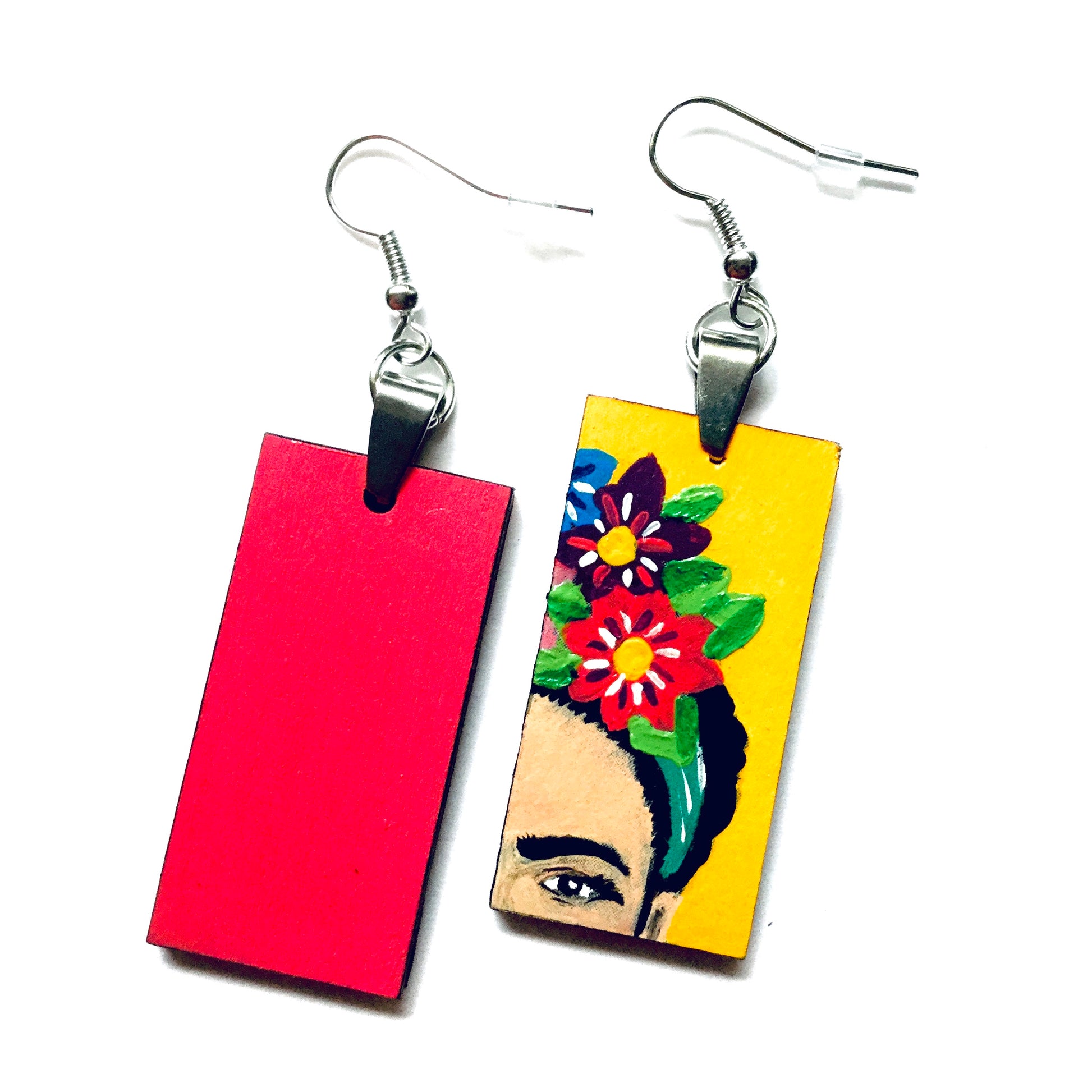 Frida Earrings: Hand Painted Frida Kahlo inspired wooden droop and dangle earrings. Floral Mexican earrings. Art to Wear Mexico folk art. Women and girls birthday gift idea. Summer and spring fashion for fridalovers by fridamaniacs