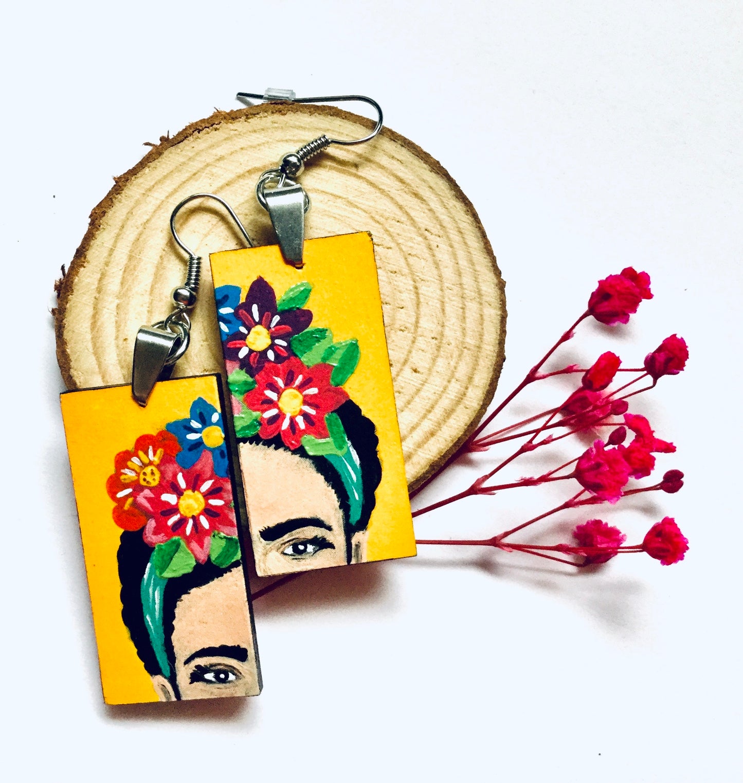 Frida Earrings: Hand Painted Frida Kahlo inspired wooden droop and dangle earrings. Floral Mexican earrings. Art to Wear Mexico folk art. Women and girls birthday gift idea. Summer and spring fashion for fridalovers by fridamaniacs