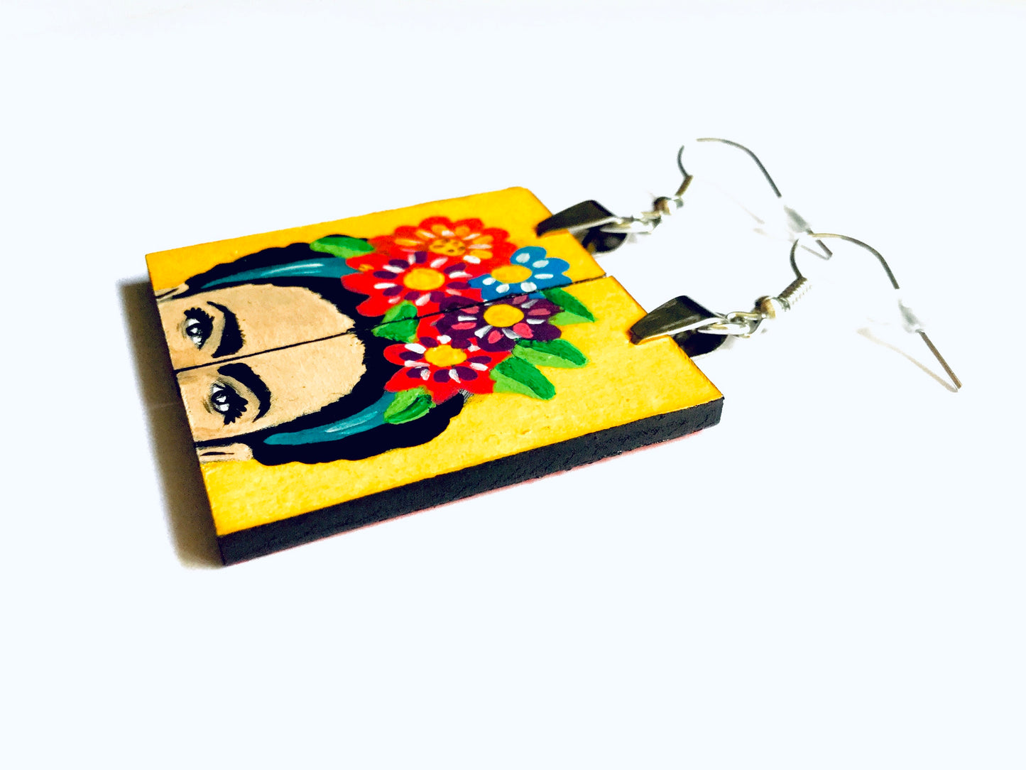 Frida Earrings: Hand Painted Frida Kahlo inspired wooden droop and dangle earrings. Floral Mexican earrings. Art to Wear Mexico folk art. Women and girls birthday gift idea. Summer and spring fashion for fridalovers by fridamaniacs