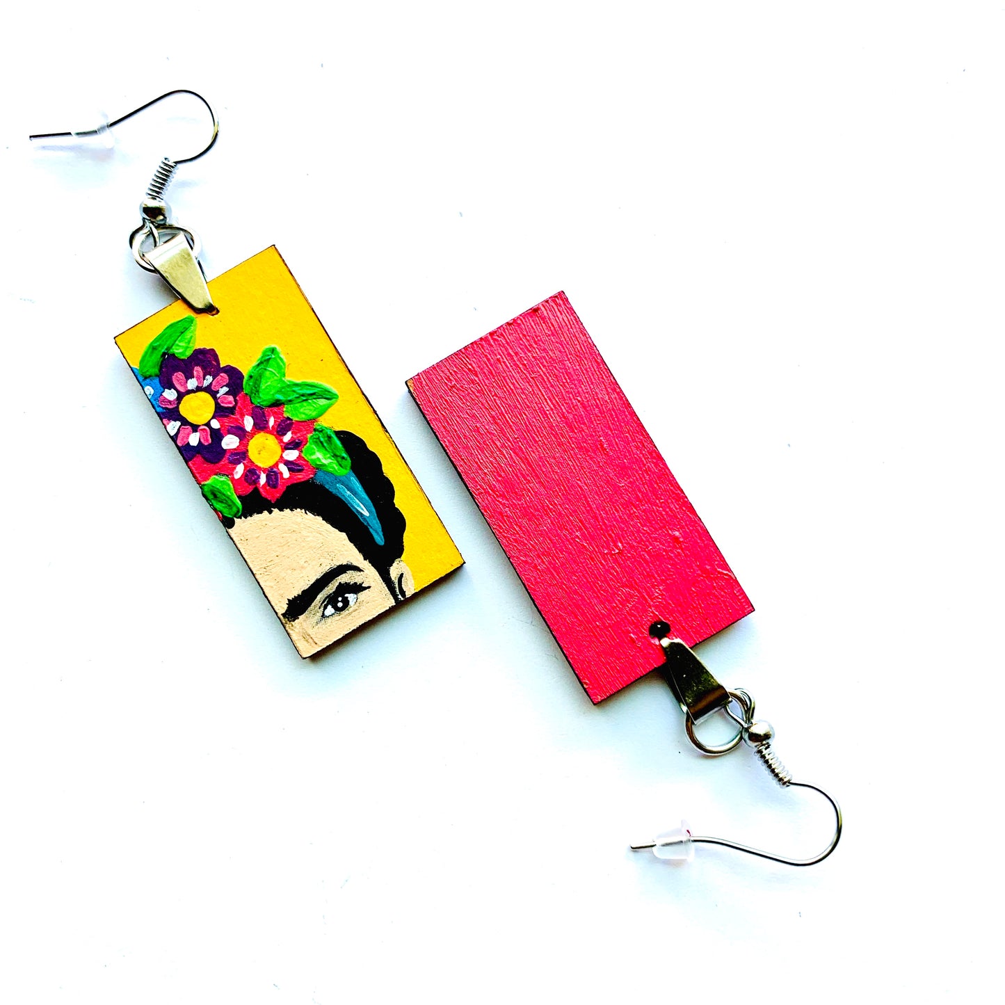 Frida Earrings: Hand Painted Frida Kahlo inspired wooden droop and dangle earrings. Floral Mexican earrings. Art to Wear Mexico folk art. Women and girls birthday gift idea. Summer and spring fashion for fridalovers by fridamaniacs