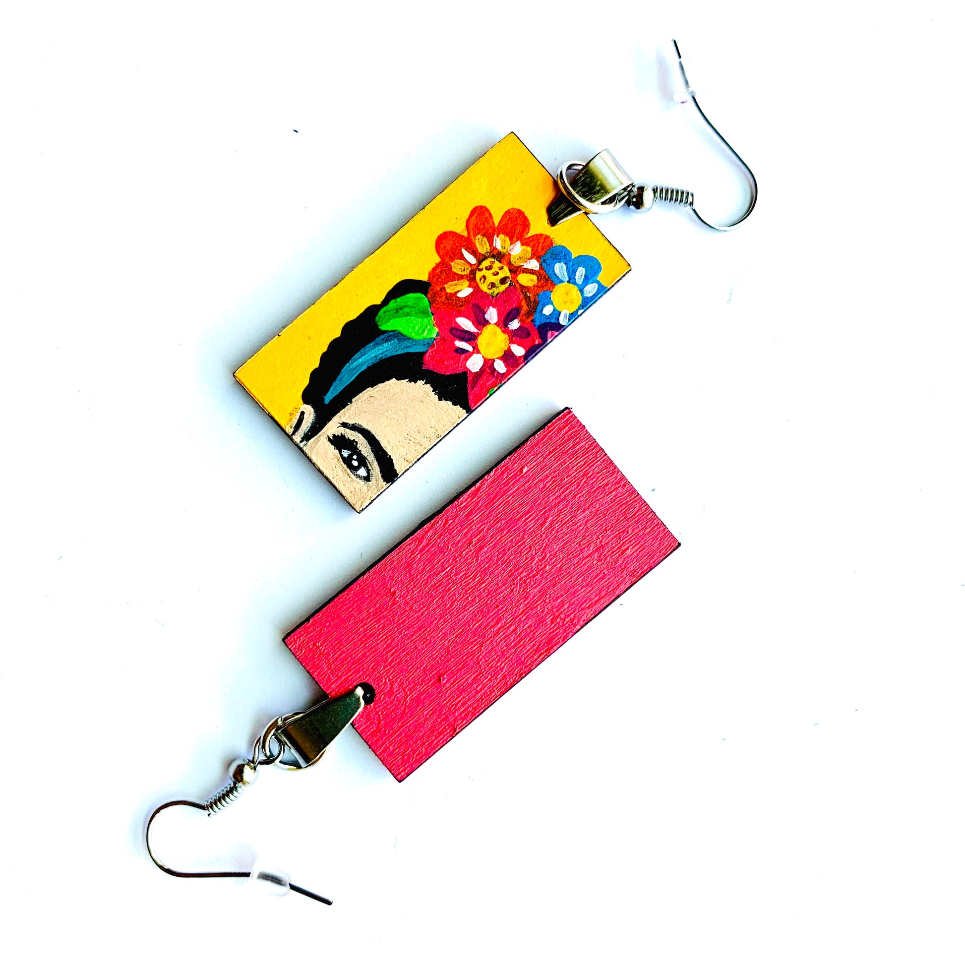 Frida Earrings: Hand Painted Frida Kahlo inspired wooden droop and dangle earrings. Floral Mexican earrings. Art to Wear Mexico folk art. Women and girls birthday gift idea. Summer and spring fashion for fridalovers by fridamaniacs