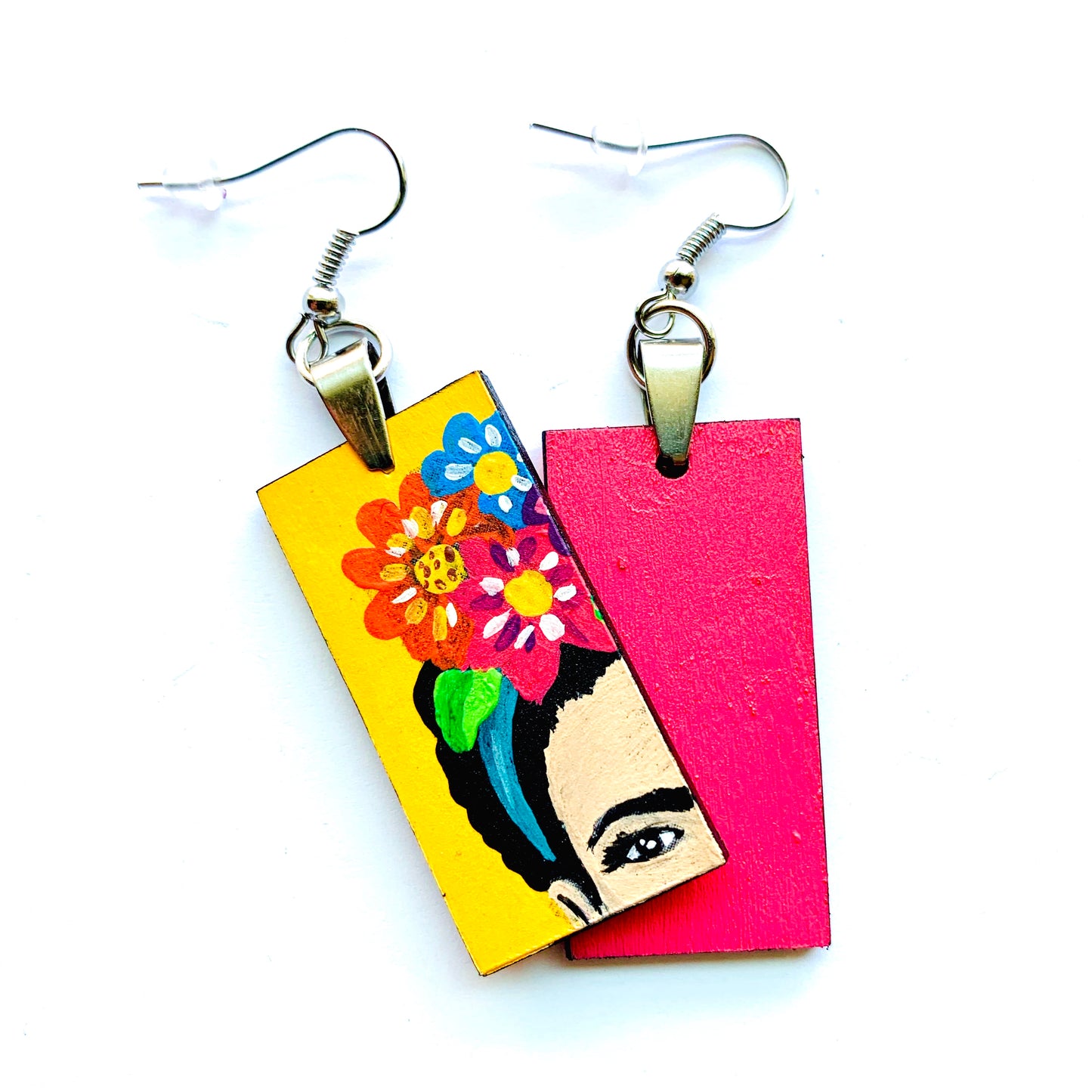Frida Earrings: Hand Painted Frida Kahlo inspired wooden droop and dangle earrings. Floral Mexican earrings. Art to Wear Mexico folk art. Women and girls birthday gift idea. Summer and spring fashion for fridalovers by fridamaniacs