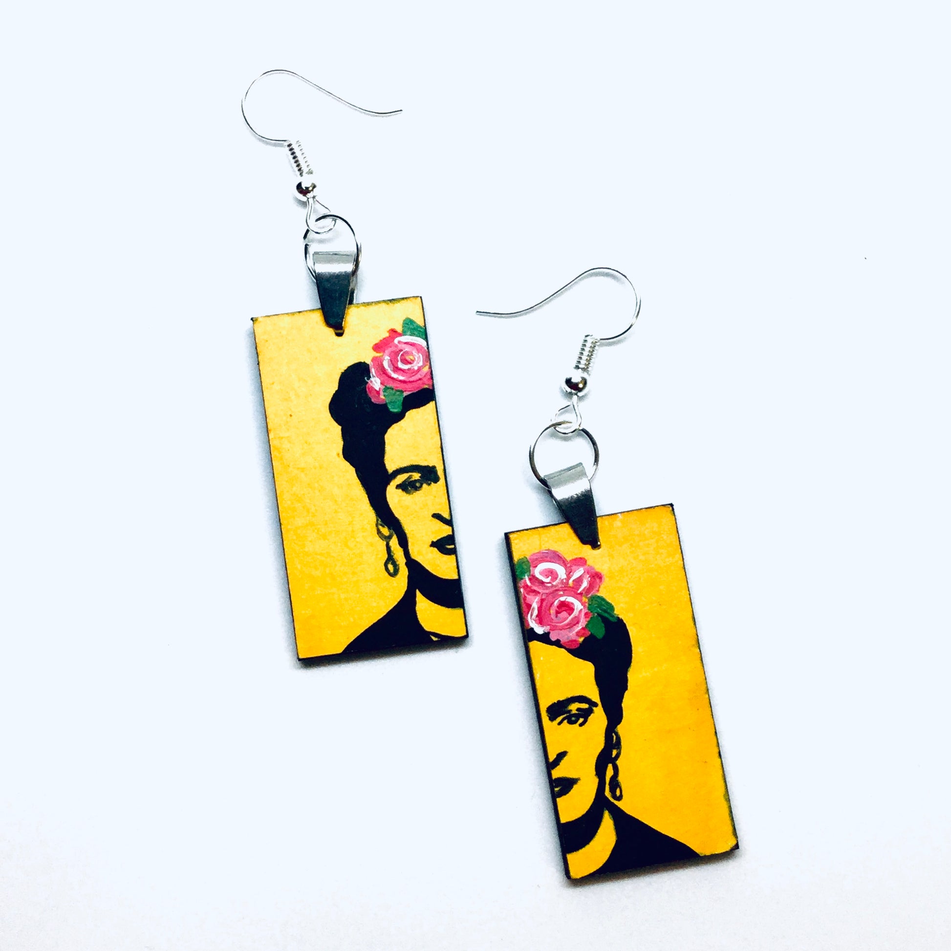 Frida earrings. Frida Kahlo hand painted earrings. Stencil art and pink roses. Wearable Art. Fridamaniacs Mexican jewelry and accessories