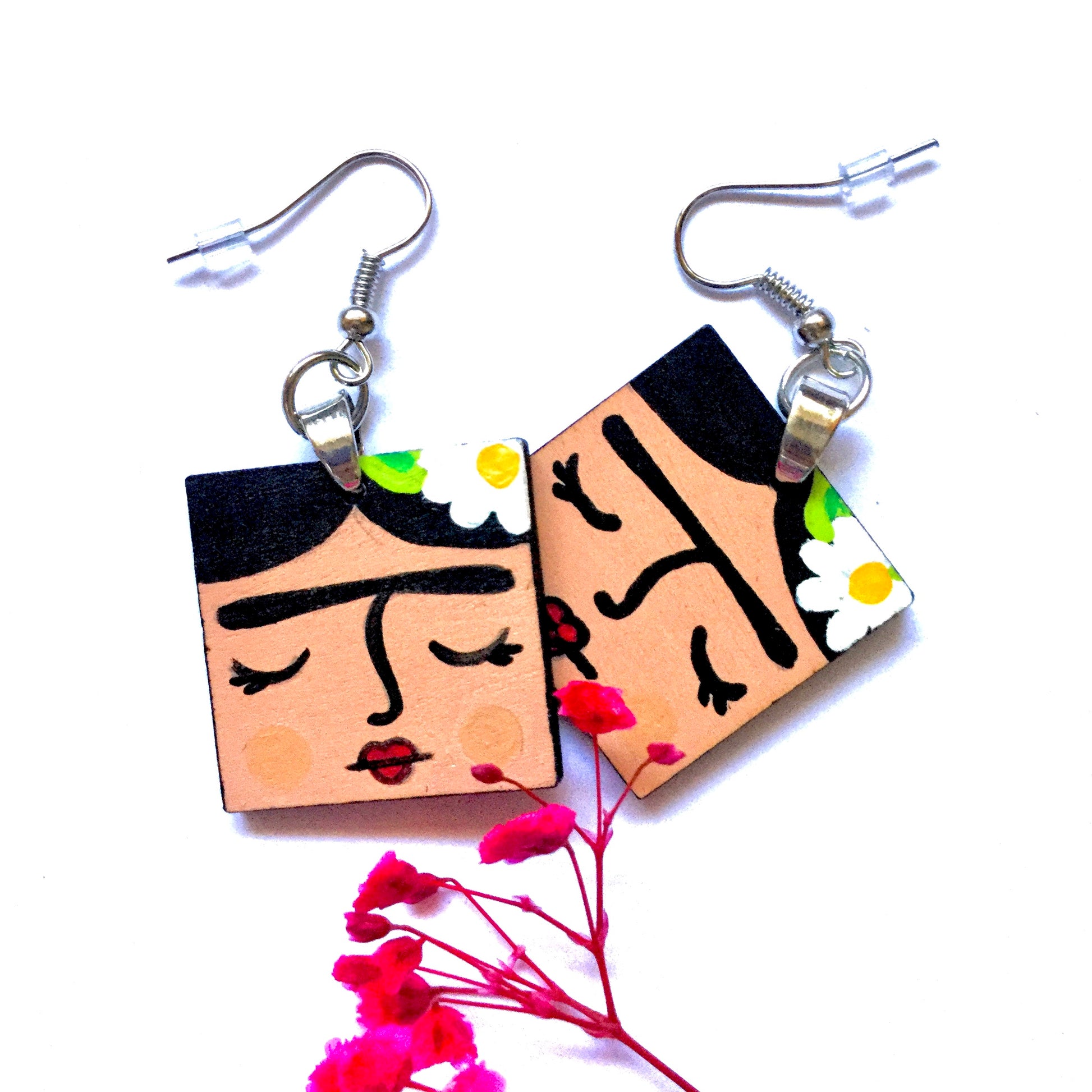 Frida Earrings: Hand Painted Frida Kahlo Wooden Drop and Dangle Earrings by Fridamaniacs for Fridalovers. Mexican jewelry Art to wear. Girls Birthday gift idea