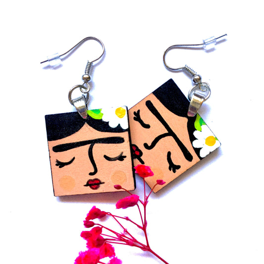 Frida Earrings: Hand Painted Frida Kahlo Wooden Drop and Dangle Earrings by Fridamaniacs for Fridalovers. Mexican jewelry Art to wear. Girls Birthday gift idea