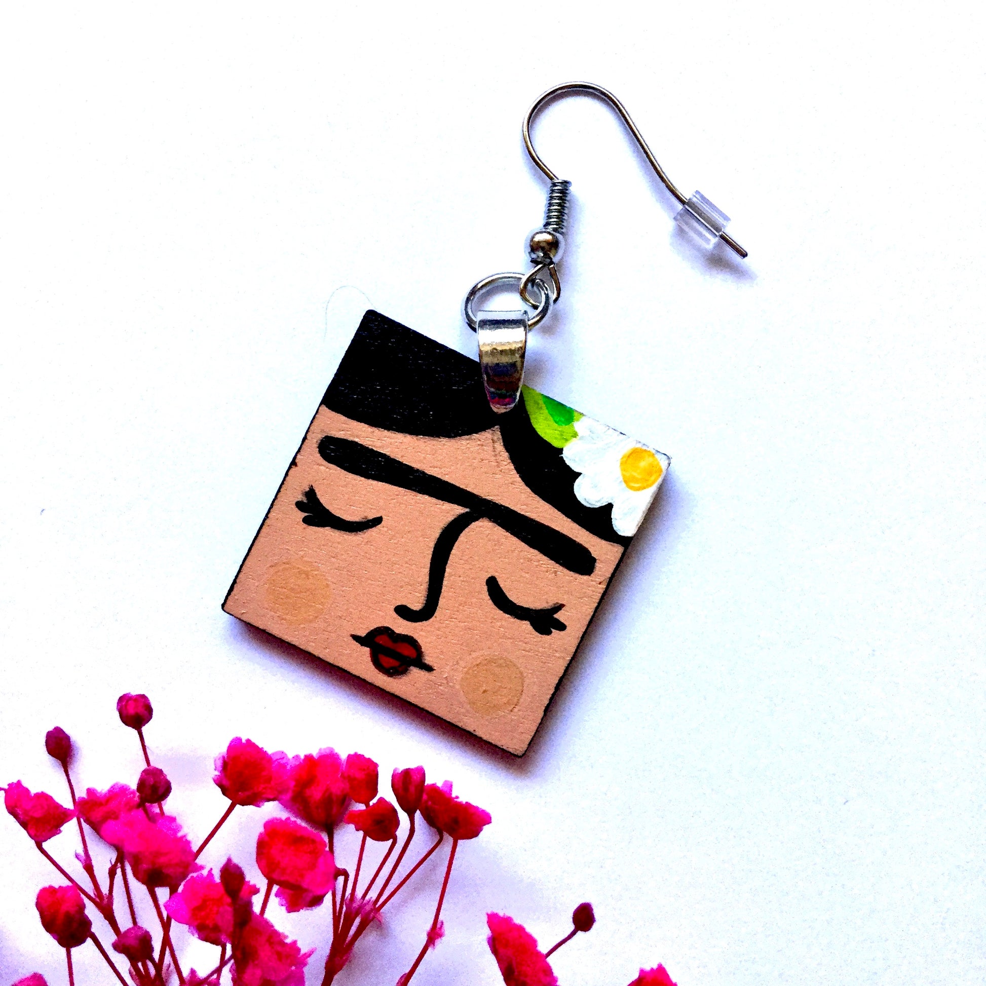 Frida Earrings: Hand Painted Frida Kahlo Wooden Drop and Dangle Earrings by Fridamaniacs for Fridalovers. Mexican jewelry Art to wear. Girls Birthday gift idea