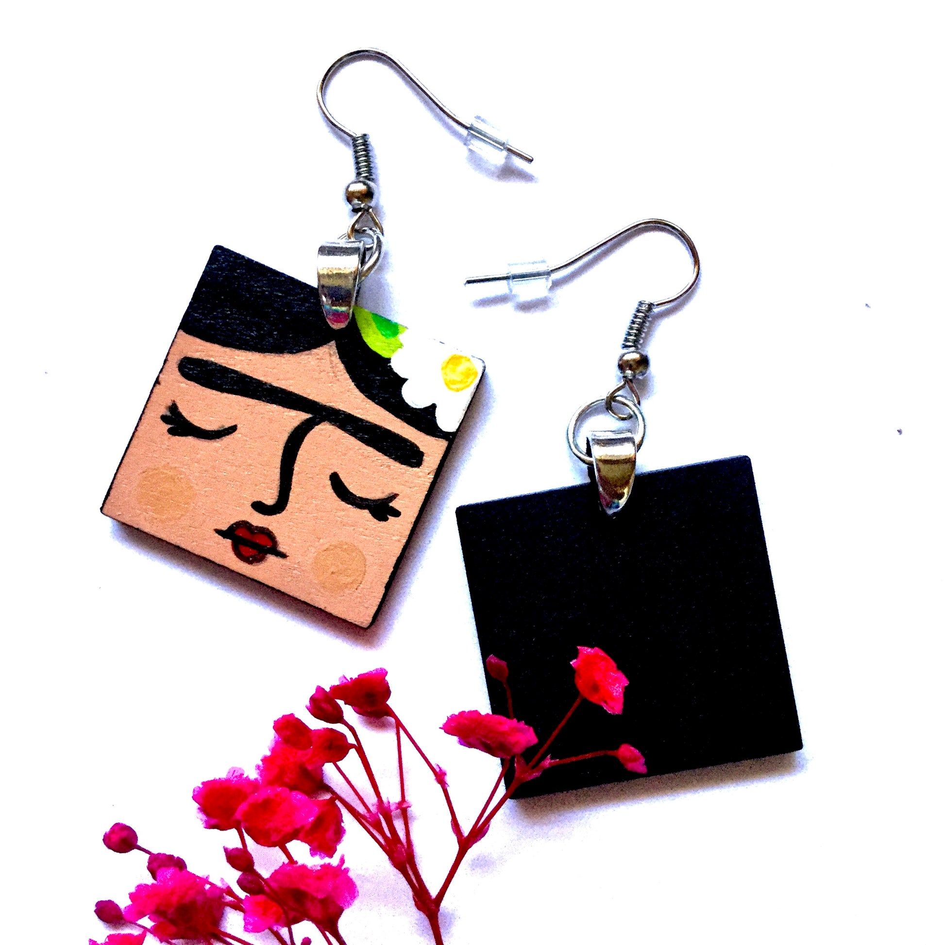 Frida Earrings: Hand Painted Frida Kahlo Wooden Drop and Dangle Earrings by Fridamaniacs for Fridalovers. Mexican jewelry Art to wear. Girls Birthday gift idea