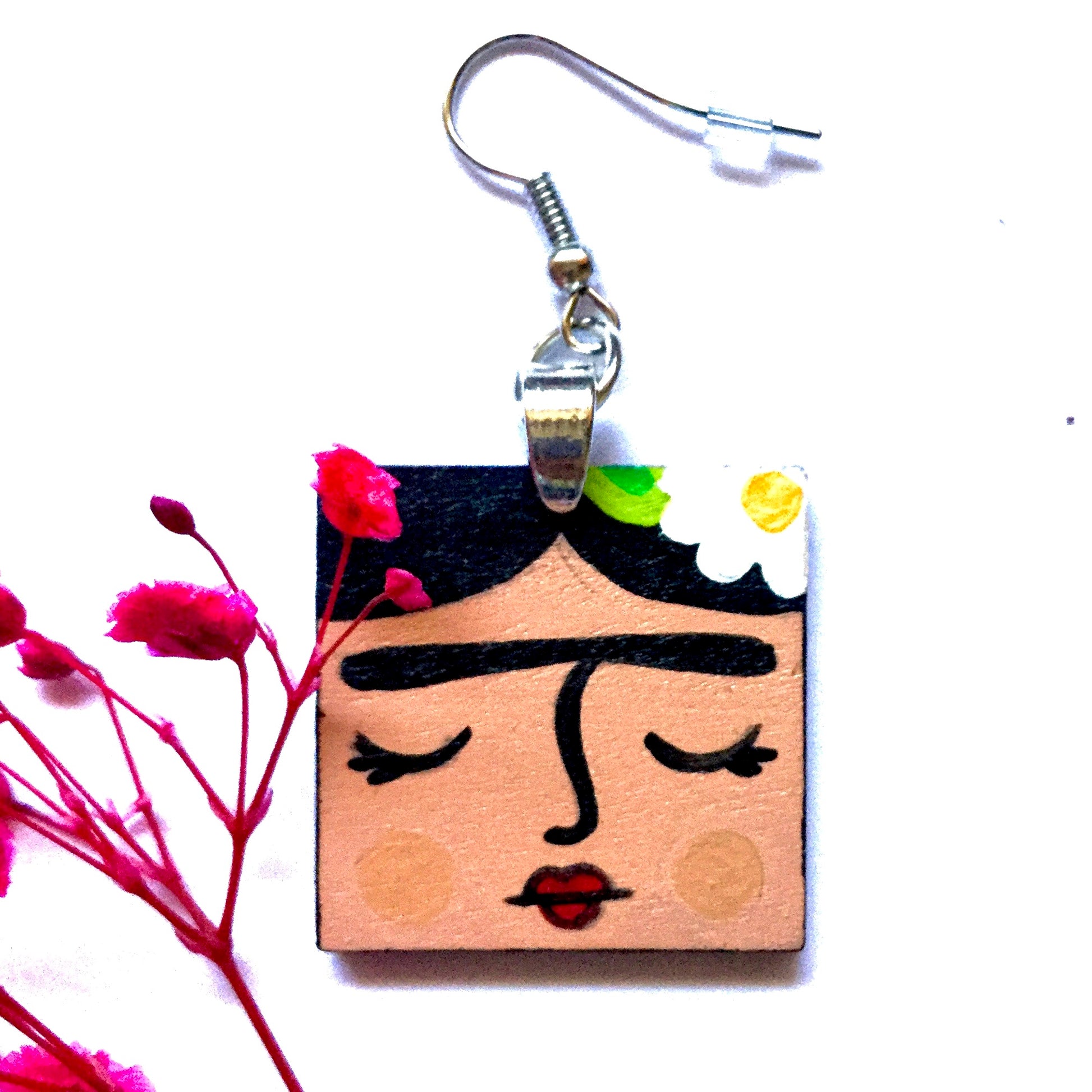 Frida Earrings: Hand Painted Frida Kahlo Wooden Drop and Dangle Earrings by Fridamaniacs for Fridalovers. Mexican jewelry Art to wear. Girls Birthday gift idea