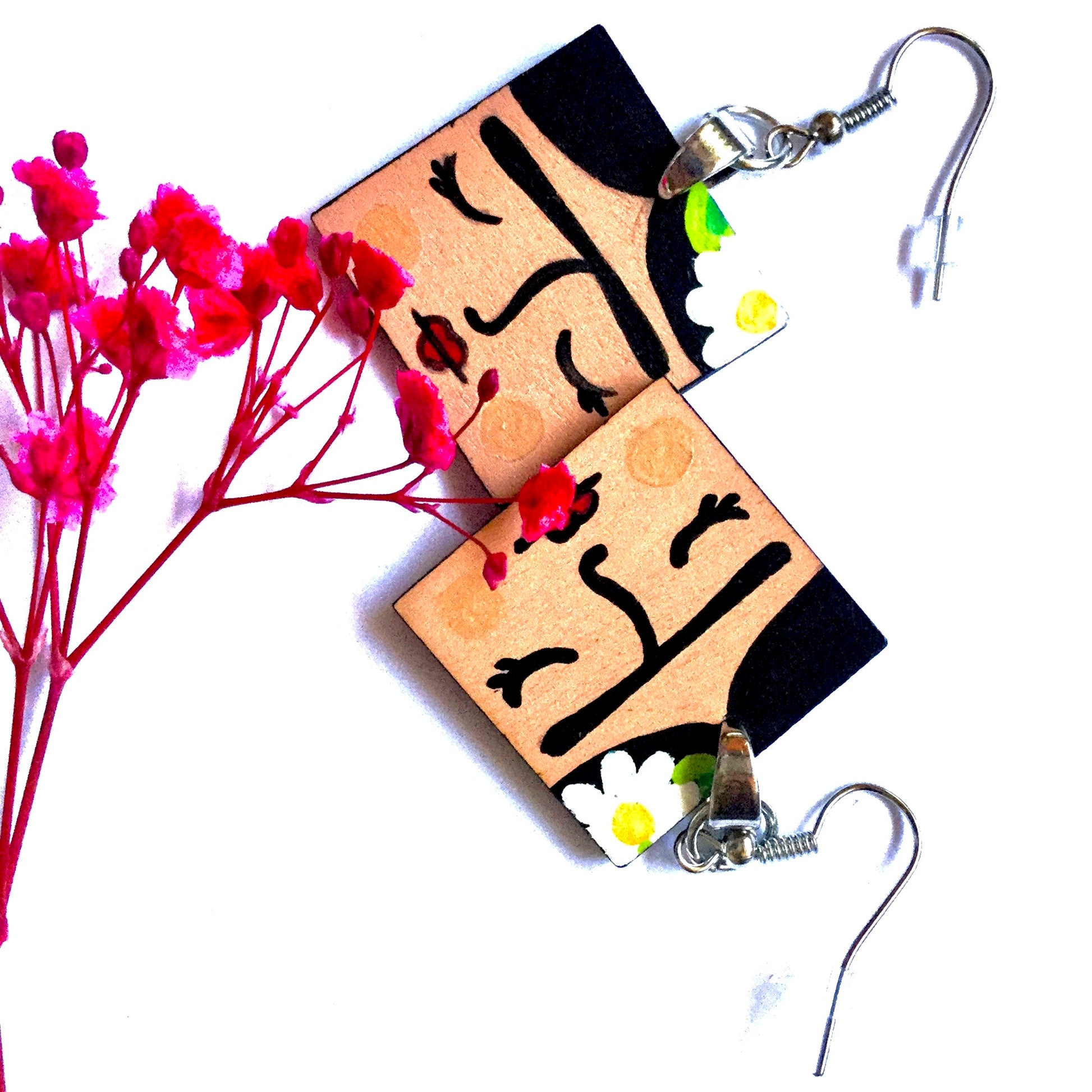 Frida Earrings: Hand Painted Frida Kahlo Wooden Drop and Dangle Earrings by Fridamaniacs for Fridalovers. Mexican jewelry Art to wear. Girls Birthday gift idea