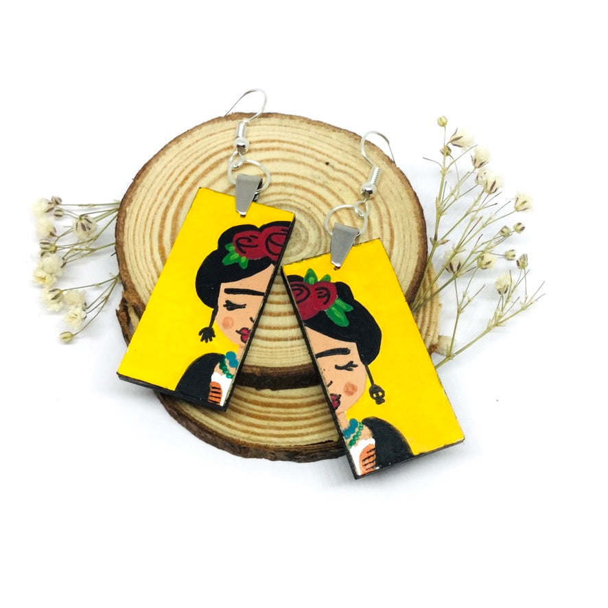 Frida Earrings hand painted yellow and red roses. Mexican jewelry. Frida Kahlo inspired Wearable Art for girls. Cute birthday gift idea