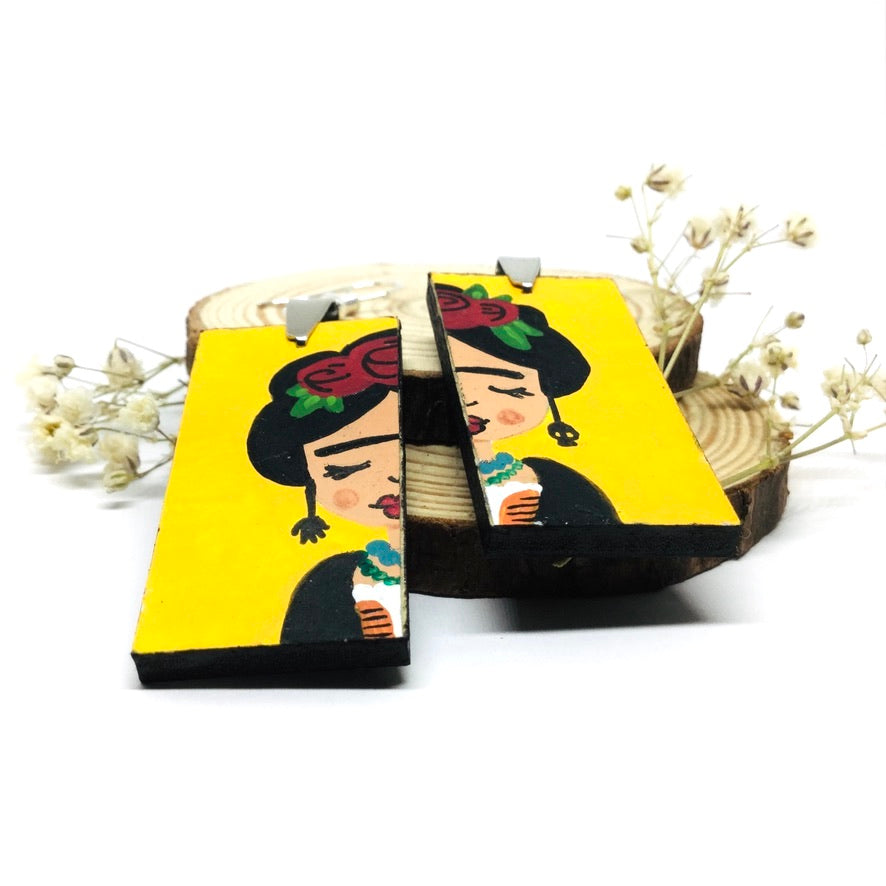Frida Earrings hand painted yellow and red roses. Mexican jewelry. Frida Kahlo inspired Wearable Art for girls. Cute birthday gift idea
