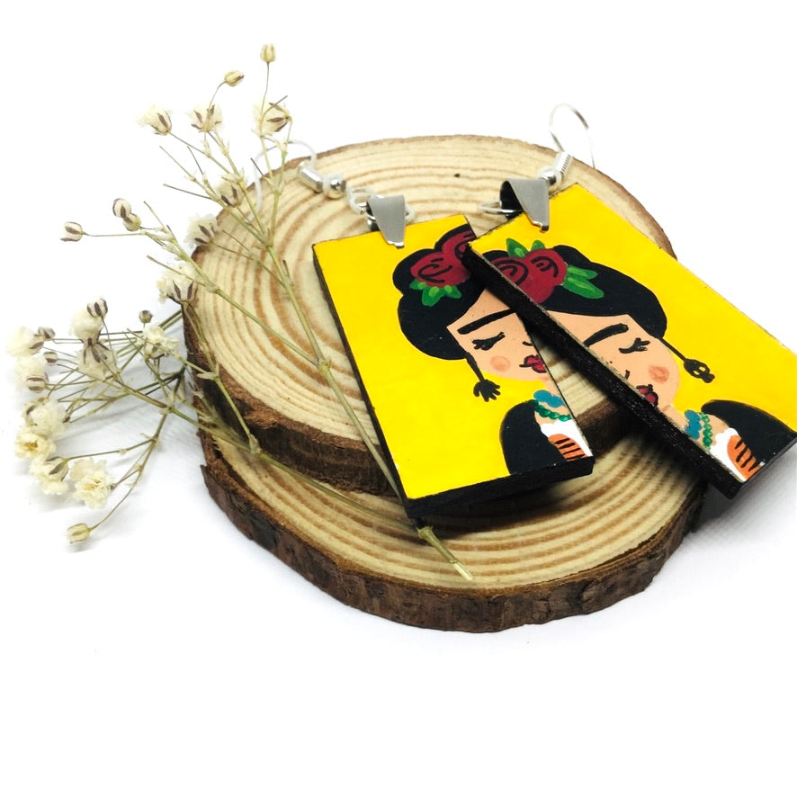 Frida Earrings hand painted yellow and red roses. Mexican jewelry. Frida Kahlo inspired Wearable Art for girls. Cute birthday gift idea