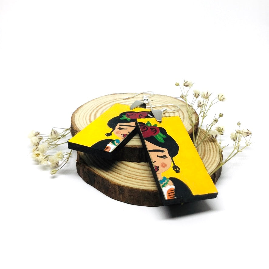 Frida Earrings hand painted yellow and red roses. Mexican jewelry. Frida Kahlo inspired Wearable Art for girls. Cute birthday gift idea