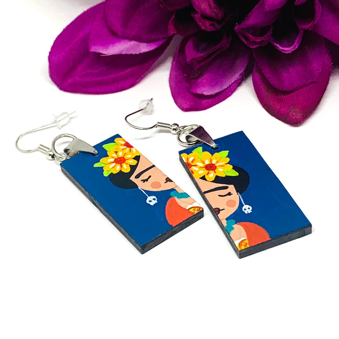 Frida Earrings: Hand painted Frida Kahlo earrings made of wood. Mexican jewelry. Acrylic blue indigo, orange, and yellow flowers. Girl gift idea. Trendy fashion. Aretes pintados a mano. Mexico folk art to wear-wearable art. Women and girls birthday gift idea
