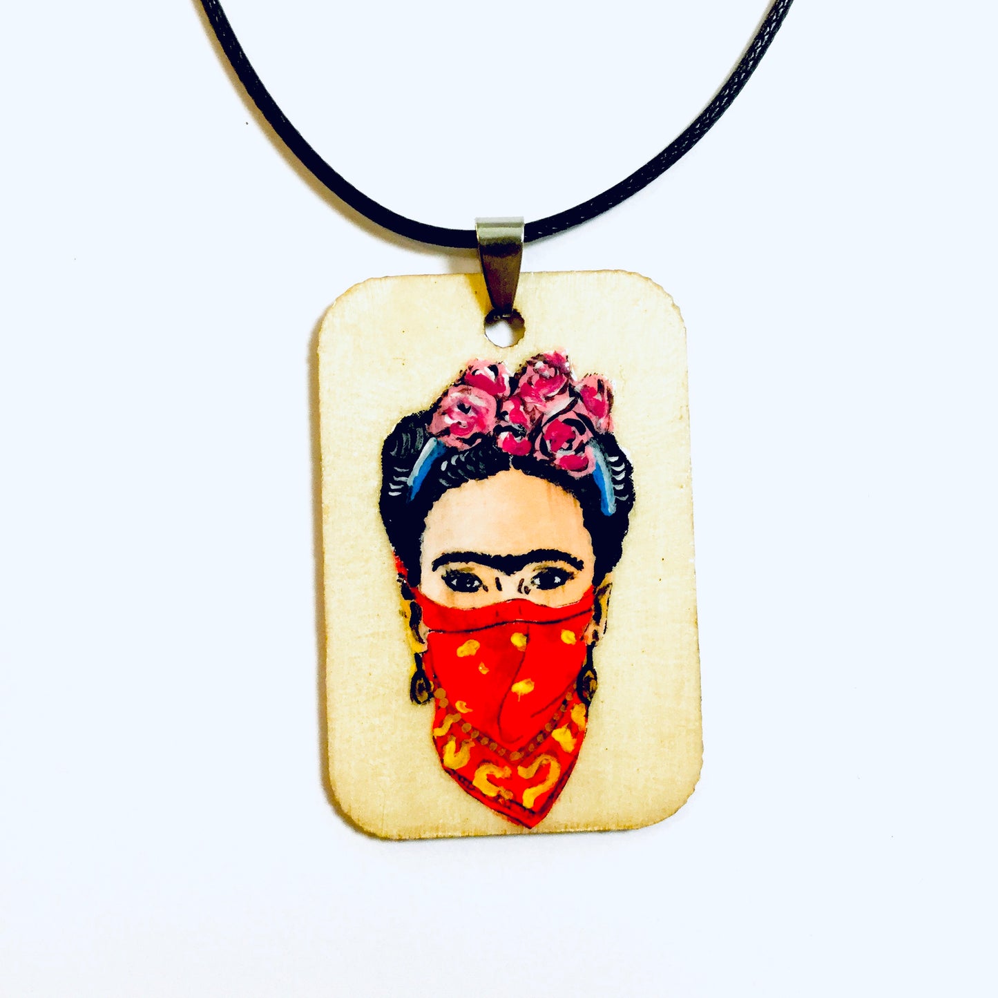 Frida Kahlo hand painted and handmade wood necklace pendant with a feminist fashion style. Mexican Jewelry. Collar pintado a mano inspirado en Mexico Frida painter para mujer