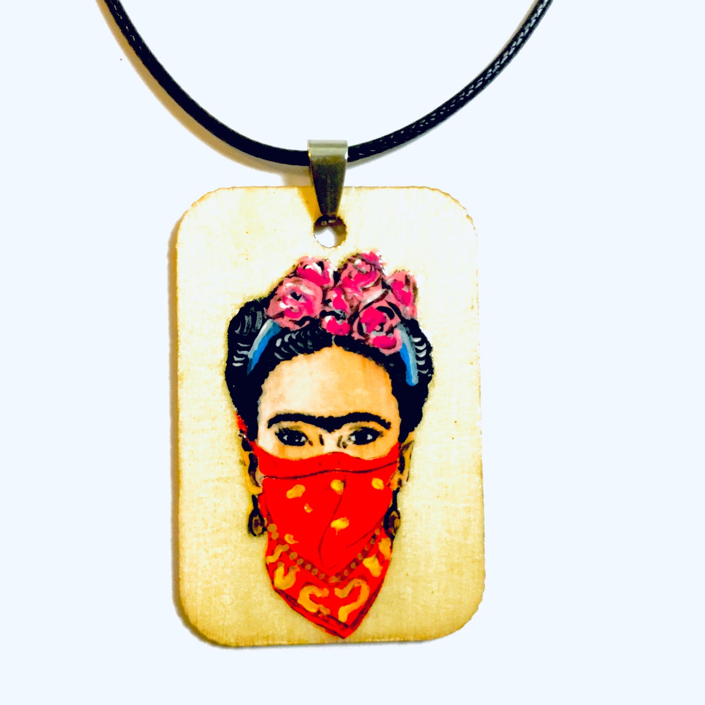 Frida Kahlo hand painted and handmade wood necklace pendant with a feminist fashion style. Mexican Jewelry. Collar pintado a mano inspirado en Mexico Frida painter para mujer