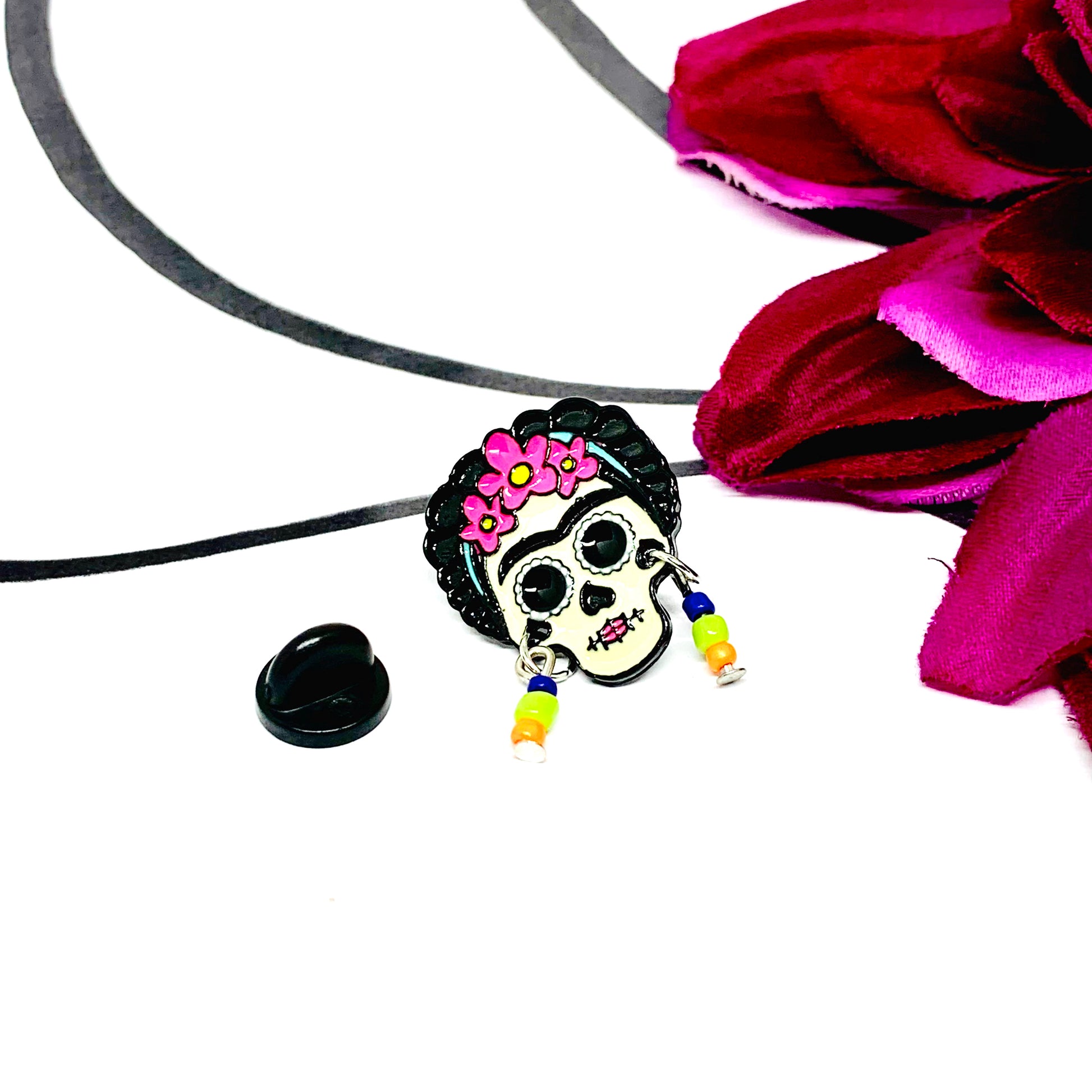 Frida Kahlo Enamel Pin: Day of the dead mexican inspired skull frida brooch by fridamaniacs for fridalovers. Fridamania jewelry and accessories