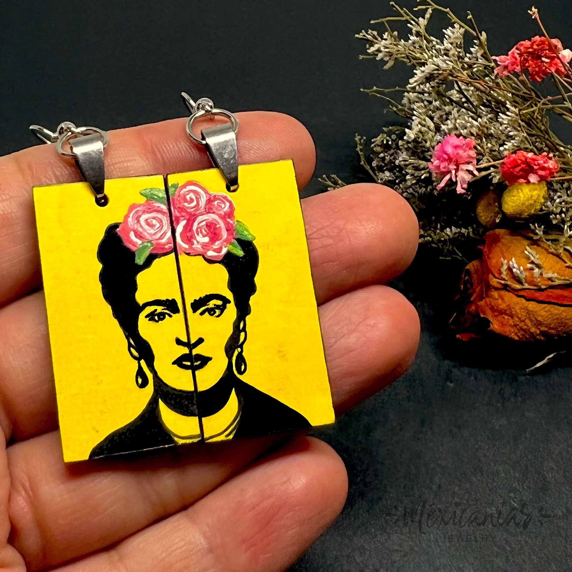 Frida Kahlo Stencil Art with Yellow Background and Hand Painted Pink Roses. Wearable art for girls. Cute and original gift idea. Floral jewelry inspired Mexican Artist and Mexico Folk Art. Aretes Frida Kahlo Amarillos con Rosas para Mujer.